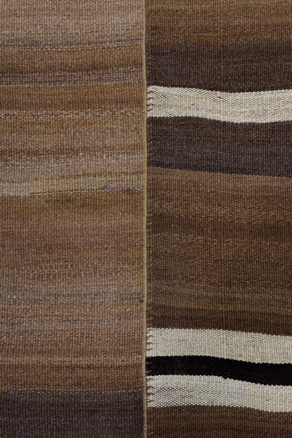8' x 11' one-of-a-kind handmade vintage Kilim large size rug. Color palette: camel, taupe, brown, ivory, dark_brown, beige