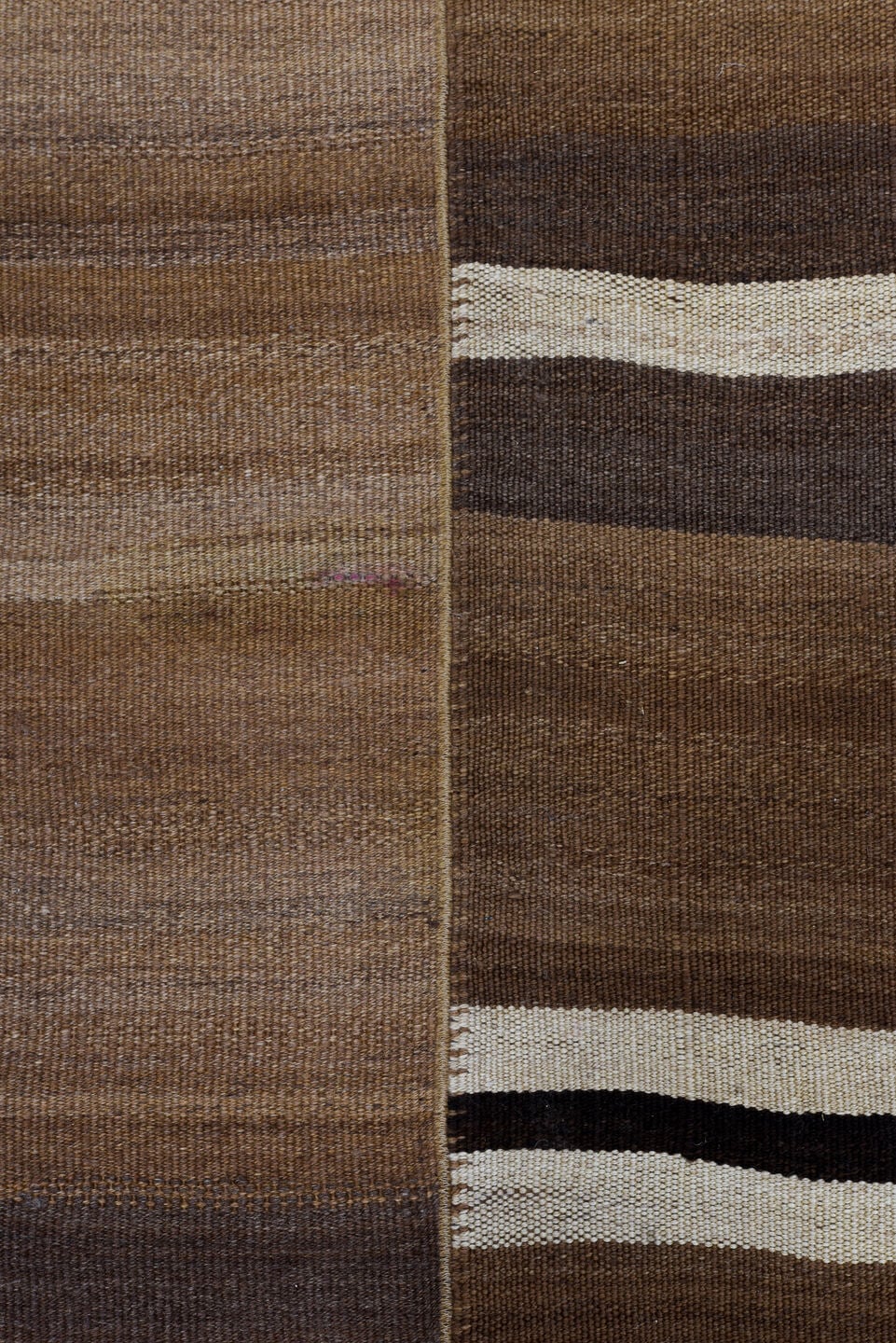 8' x 11' one-of-a-kind handmade vintage Kilim large size rug. Color palette: camel, taupe, brown, ivory, dark_brown, beige