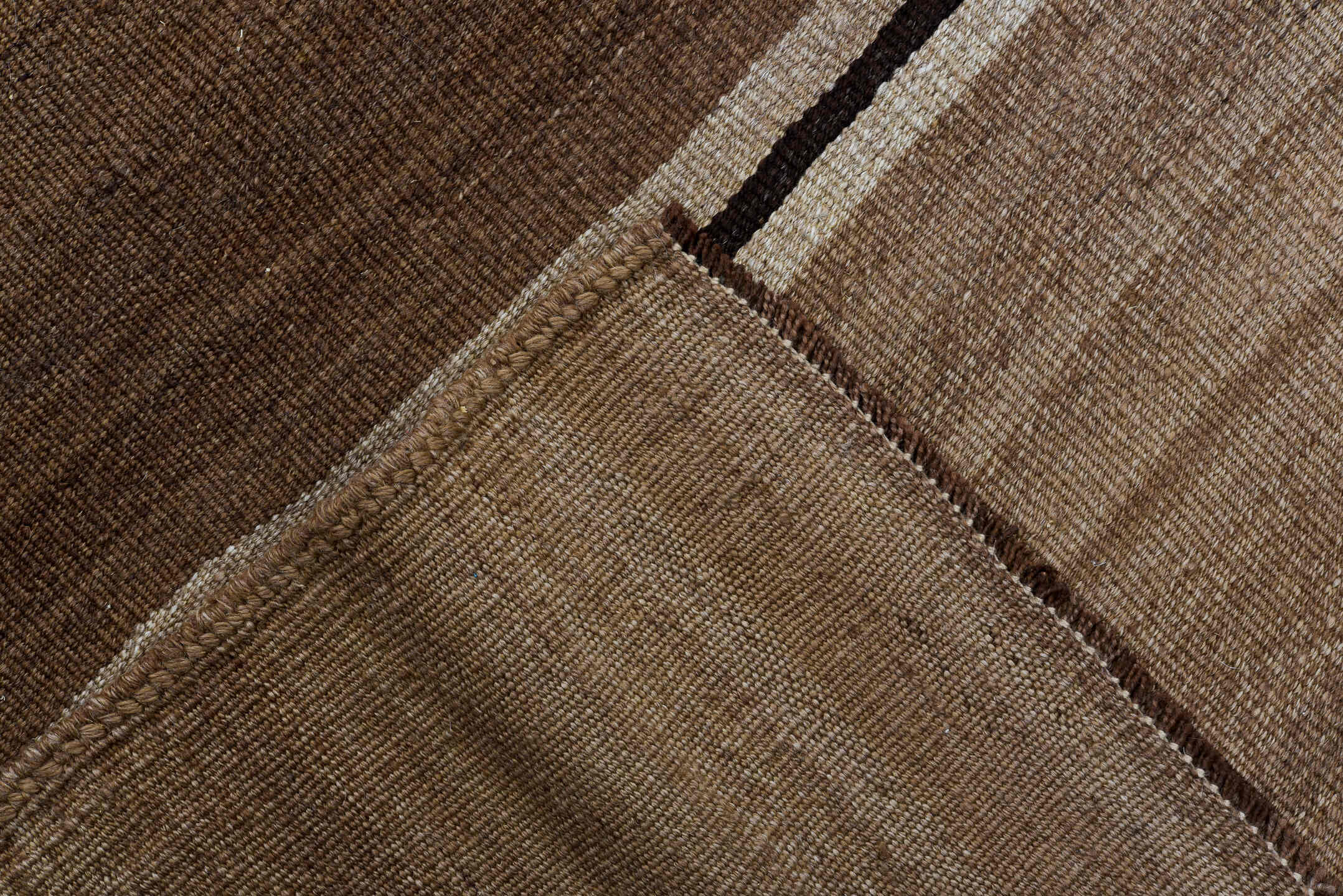 8' x 11' one-of-a-kind handmade vintage Kilim large size rug. Color palette: camel, taupe, brown, ivory, dark_brown, beige