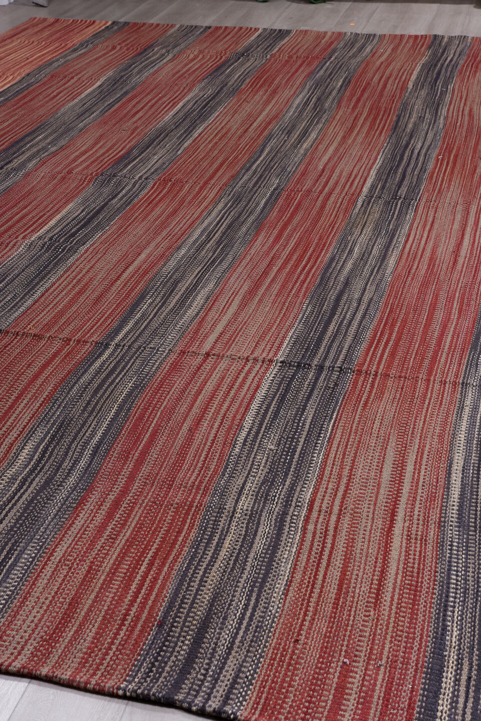 13' x 17' one-of-a-kind handmade vintage Kilim oversize rug. Color palette: red, charcoal, ivory, camel, rose, gray, black