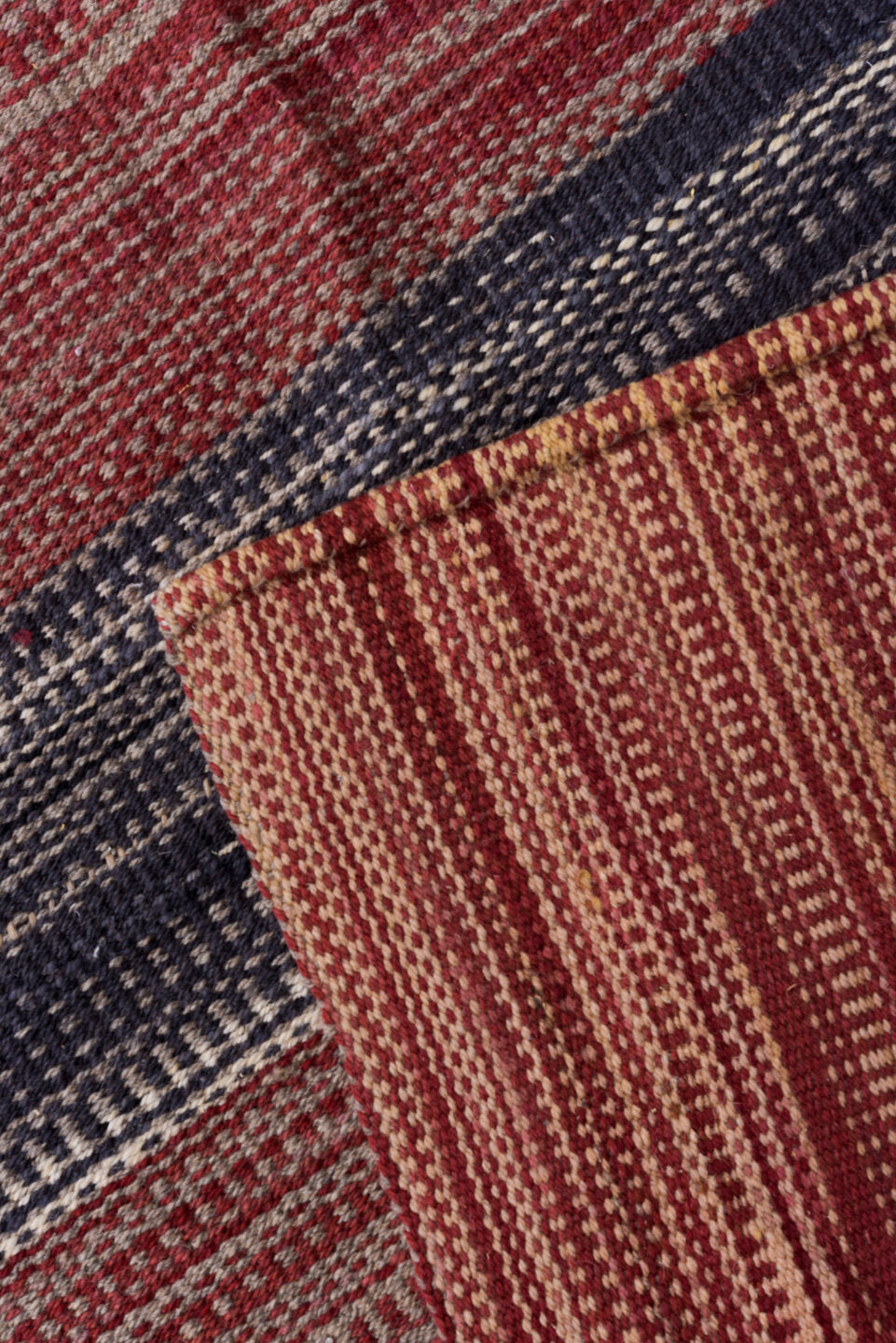 13' x 17' one-of-a-kind handmade vintage Kilim oversize rug. Color palette: red, charcoal, ivory, camel, rose, gray, black