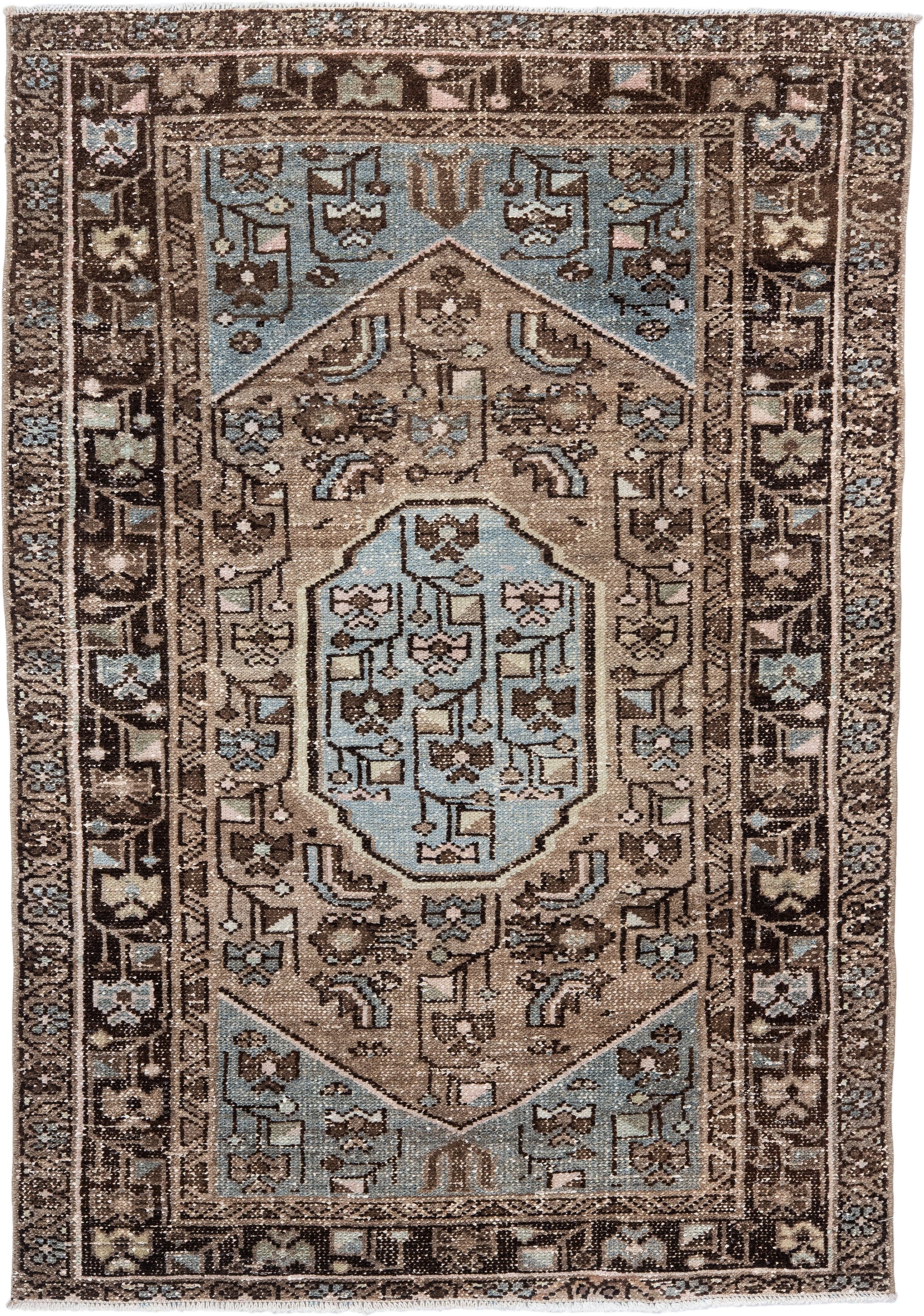 3' x 4' one-of-a-kind handmade antique Hamadan small size rug. Color palette: brown, taupe, light blue, ivory, charcoal