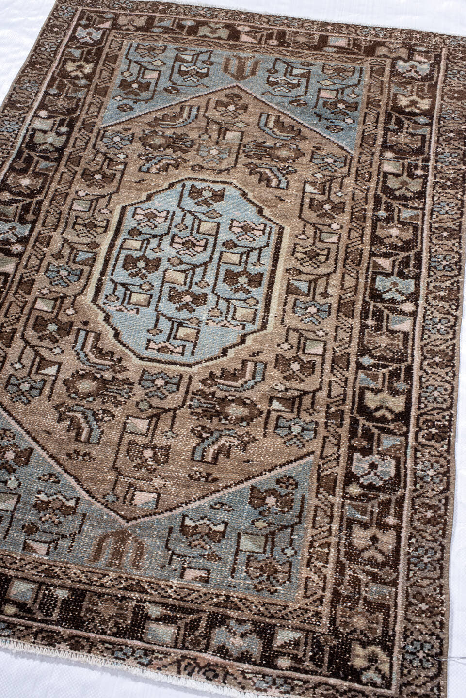 3' x 4' one-of-a-kind handmade antique Hamadan small size rug. Color palette: brown, taupe, light blue, ivory, charcoal