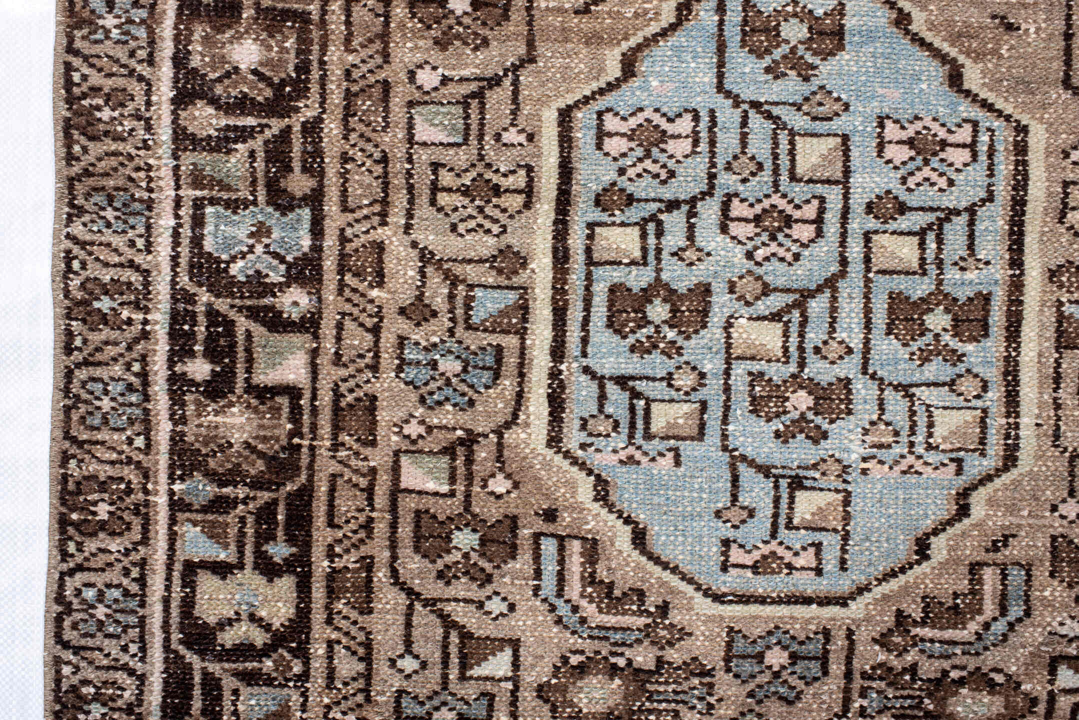 3' x 4' one-of-a-kind handmade antique Hamadan small size rug. Color palette: brown, taupe, light blue, ivory, charcoal