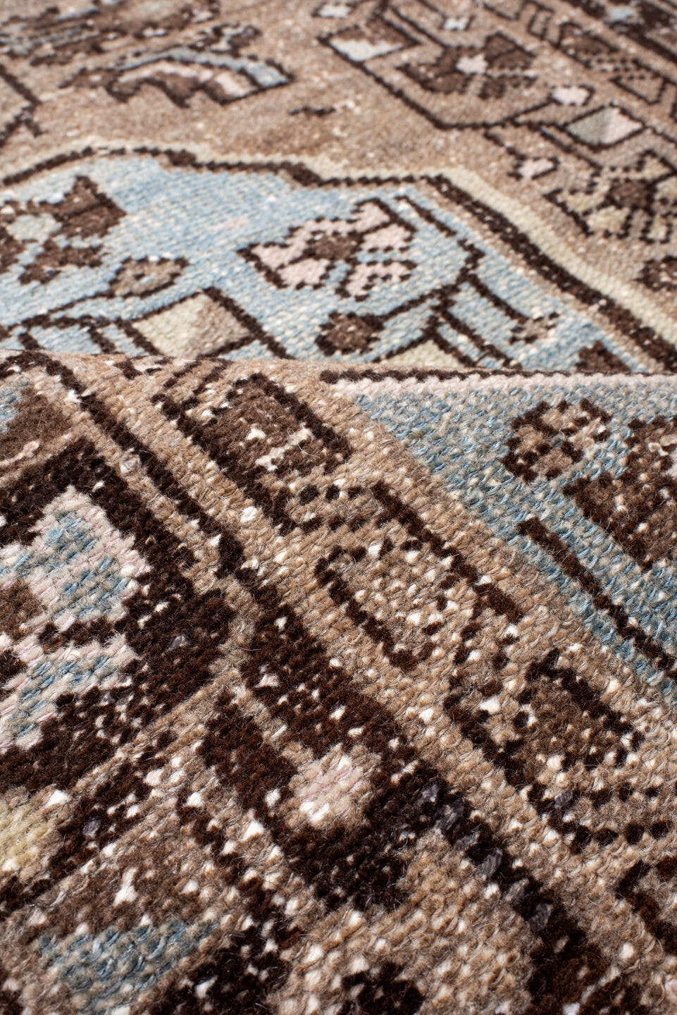 3' x 4' one-of-a-kind handmade antique Hamadan small size rug. Color palette: brown, taupe, light blue, ivory, charcoal