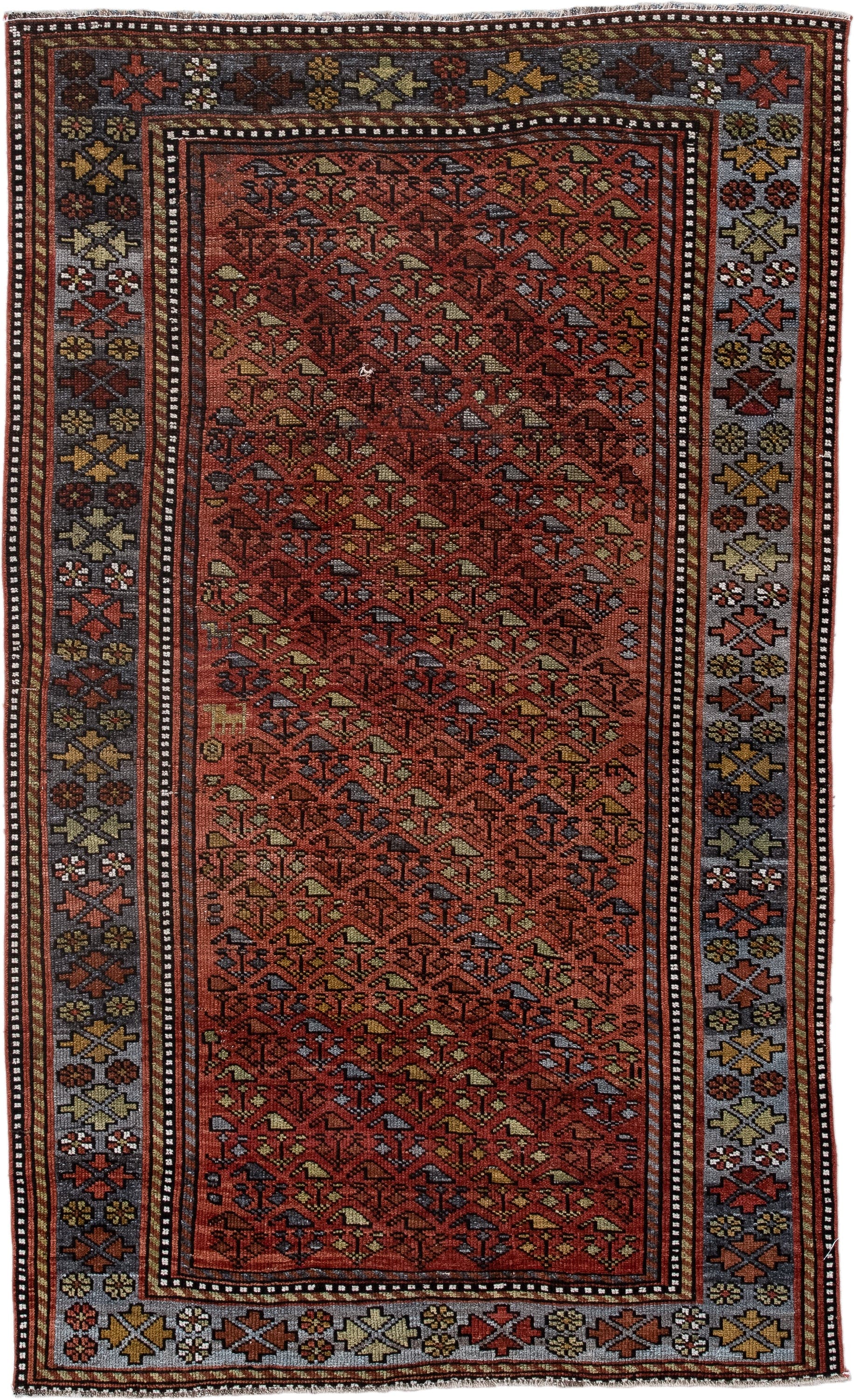 3' x 6' one-of-a-kind handmade antique Kurd small size rug. Color palette: rust, slate, burgundy, ivory, gold, charcoal