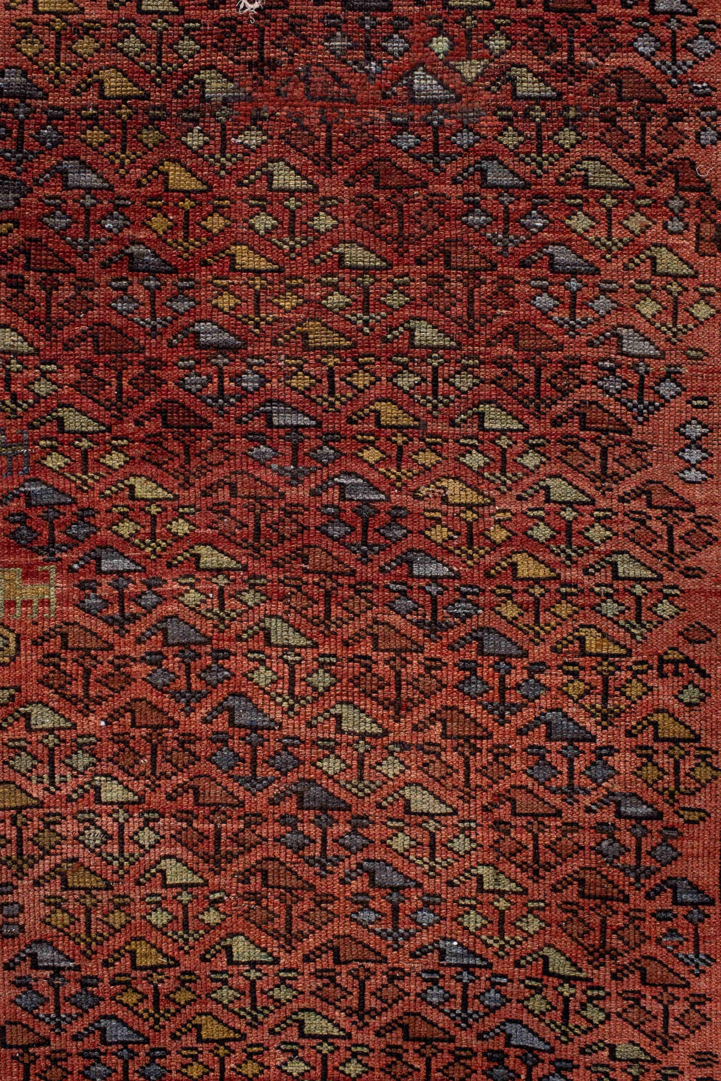 3' x 6' one-of-a-kind handmade antique Kurd small size rug. Color palette: rust, slate, burgundy, ivory, gold, charcoal