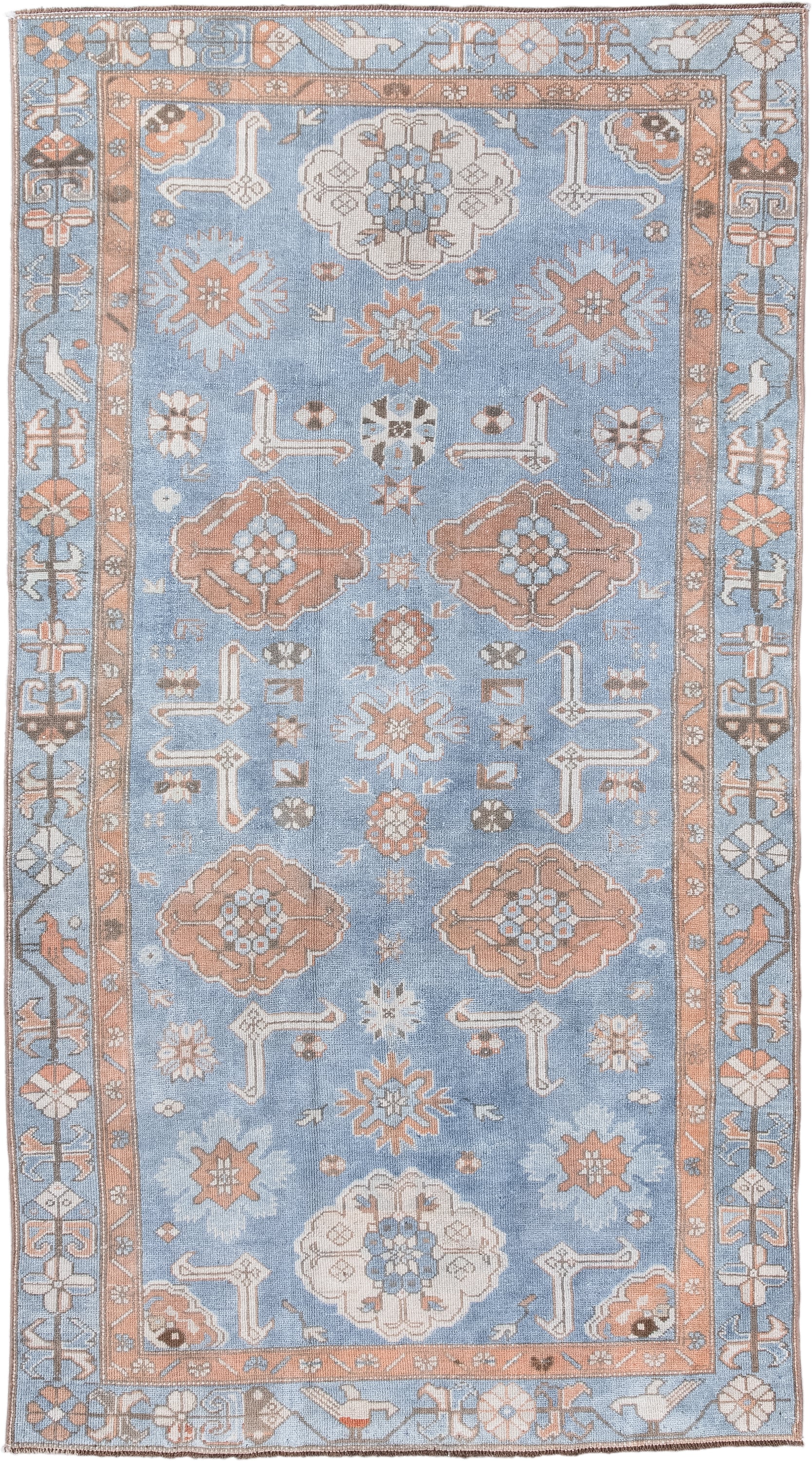 3' x 6' one-of-a-kind handmade antique Oushak small size rug. Color palette: sky blue, peach, ivory, taupe, brown, slate