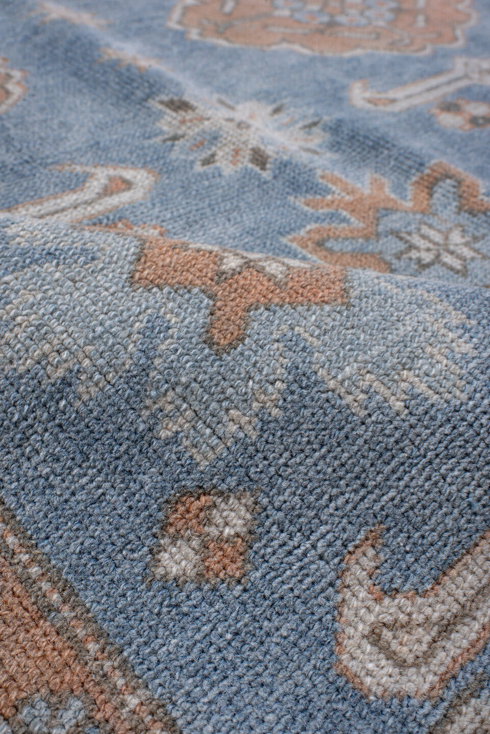 3' x 6' one-of-a-kind handmade antique Oushak small size rug. Color palette: sky blue, peach, ivory, taupe, brown, slate