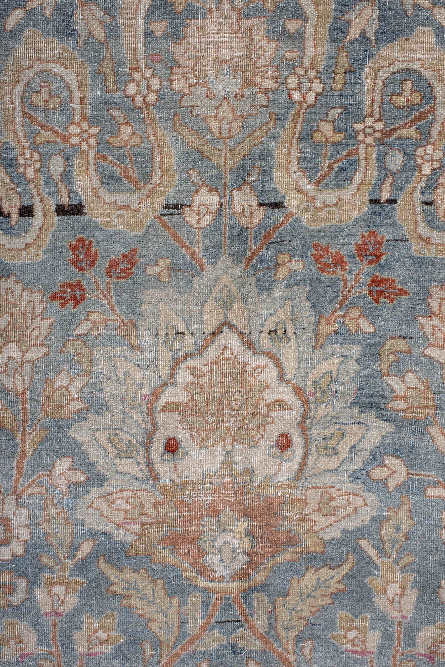 11' x 16' one-of-a-kind handmade vintage Meshed oversize rug. Color palette: light blue, blush, ivory, taupe, rust, rose