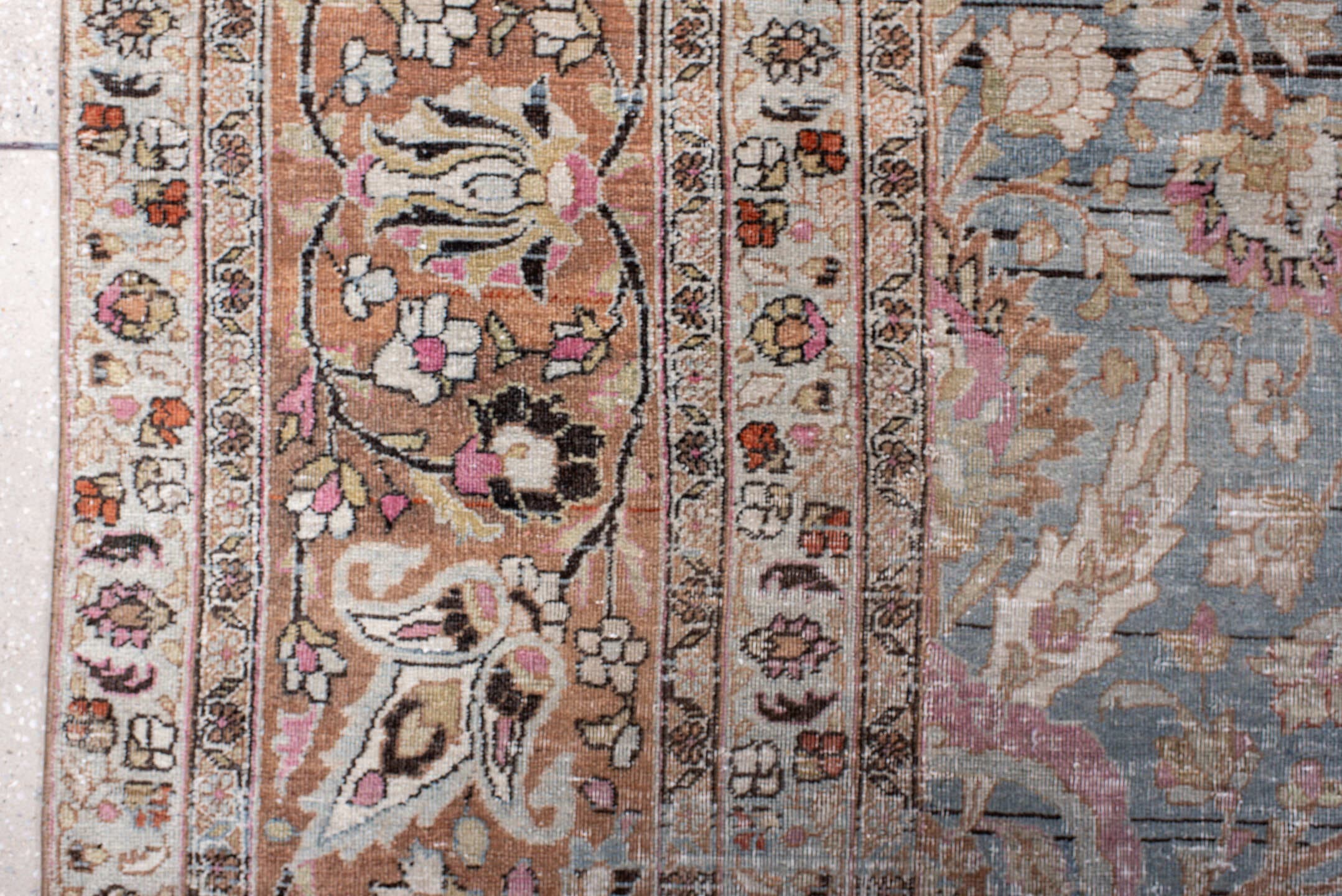 11' x 16' one-of-a-kind handmade vintage Meshed oversize rug. Color palette: light blue, blush, ivory, taupe, rust, rose
