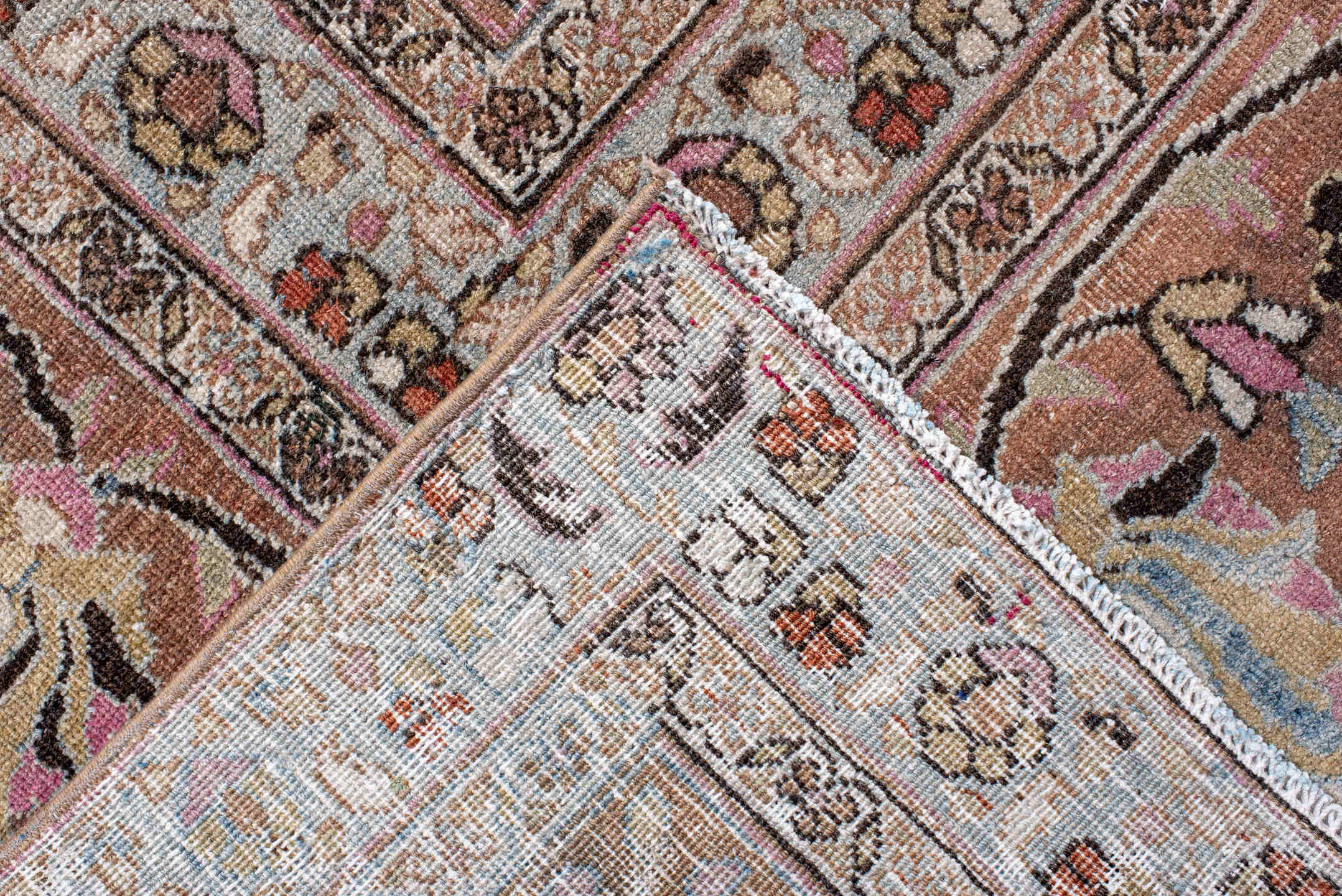 11' x 16' one-of-a-kind handmade vintage Meshed oversize rug. Color palette: light blue, blush, ivory, taupe, rust, rose