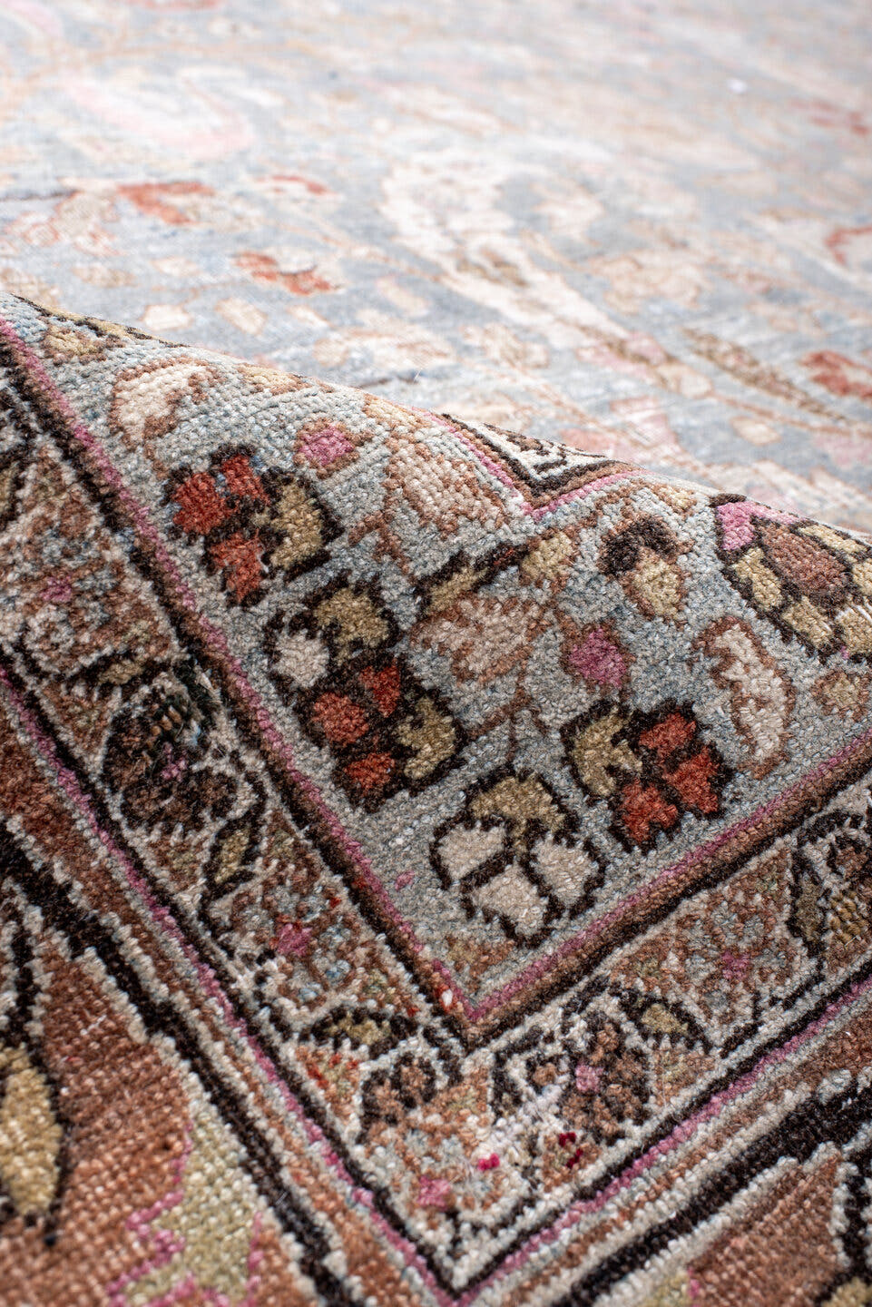11' x 16' one-of-a-kind handmade vintage Meshed oversize rug. Color palette: light blue, blush, ivory, taupe, rust, rose