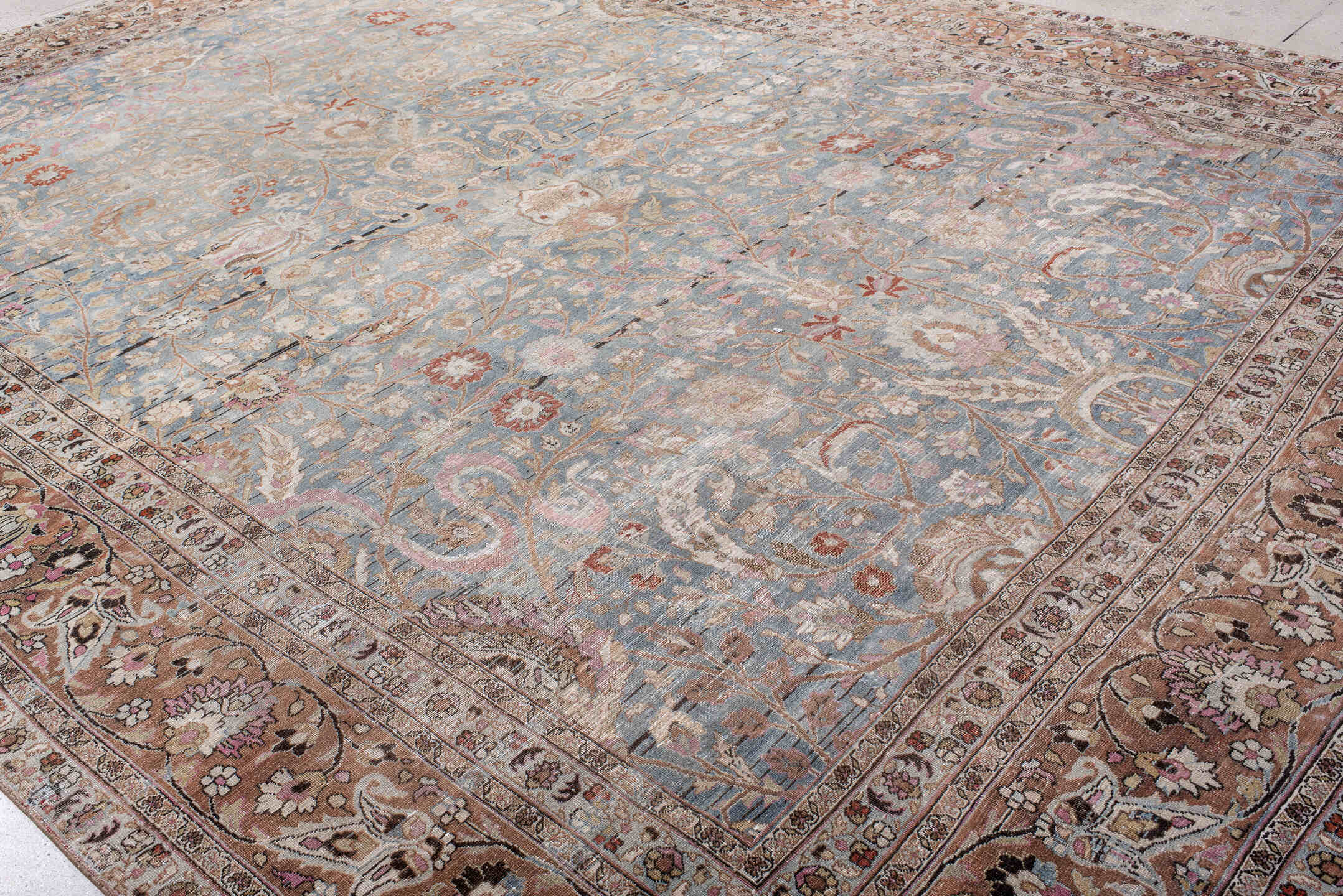 11' x 16' one-of-a-kind handmade vintage Meshed oversize rug. Color palette: light blue, blush, ivory, taupe, rust, rose