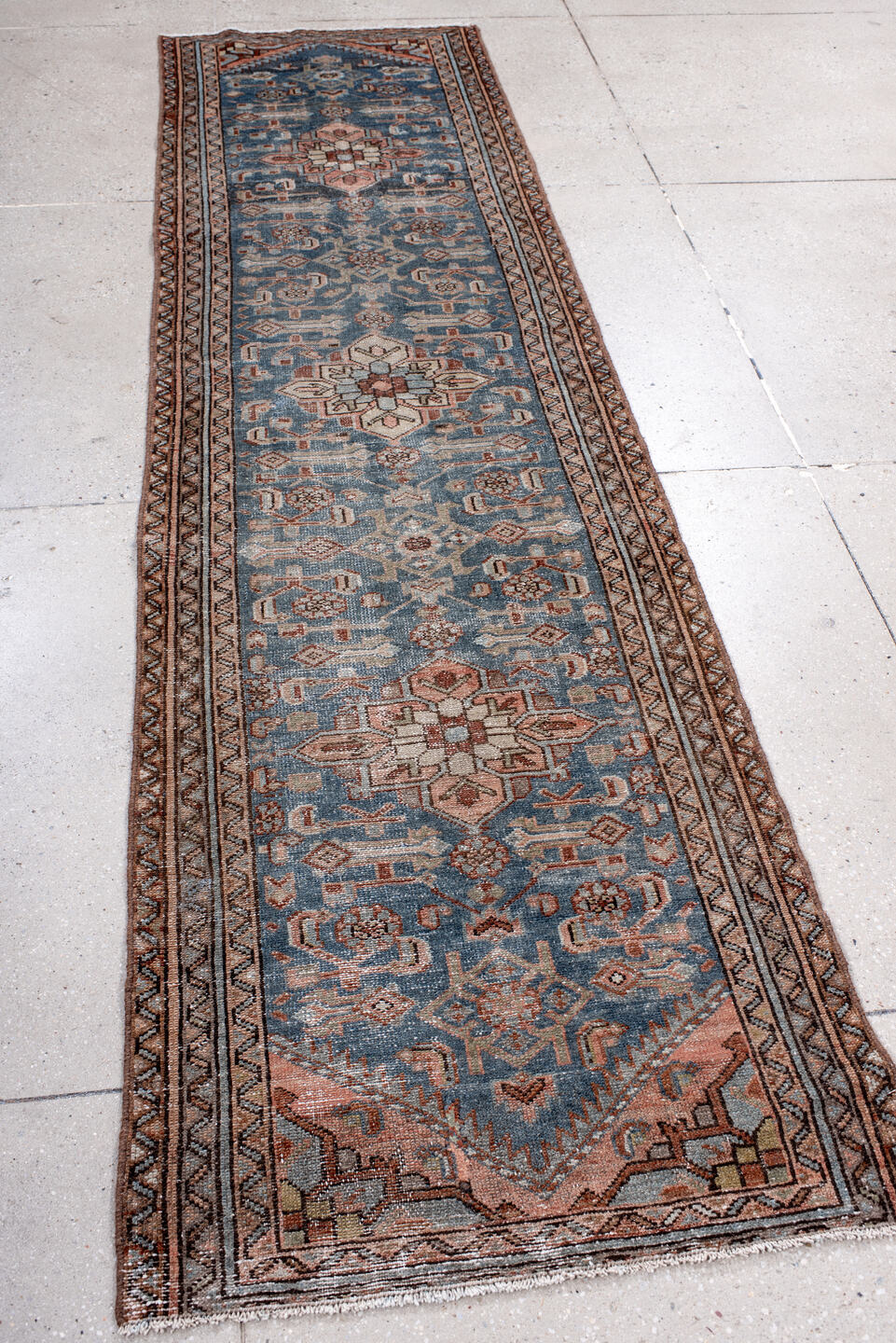 2' x 9' one-of-a-kind handmade vintage Hamadan runner rug. Color palette: blue, brown, dark gray, dim gray, fiord, gray