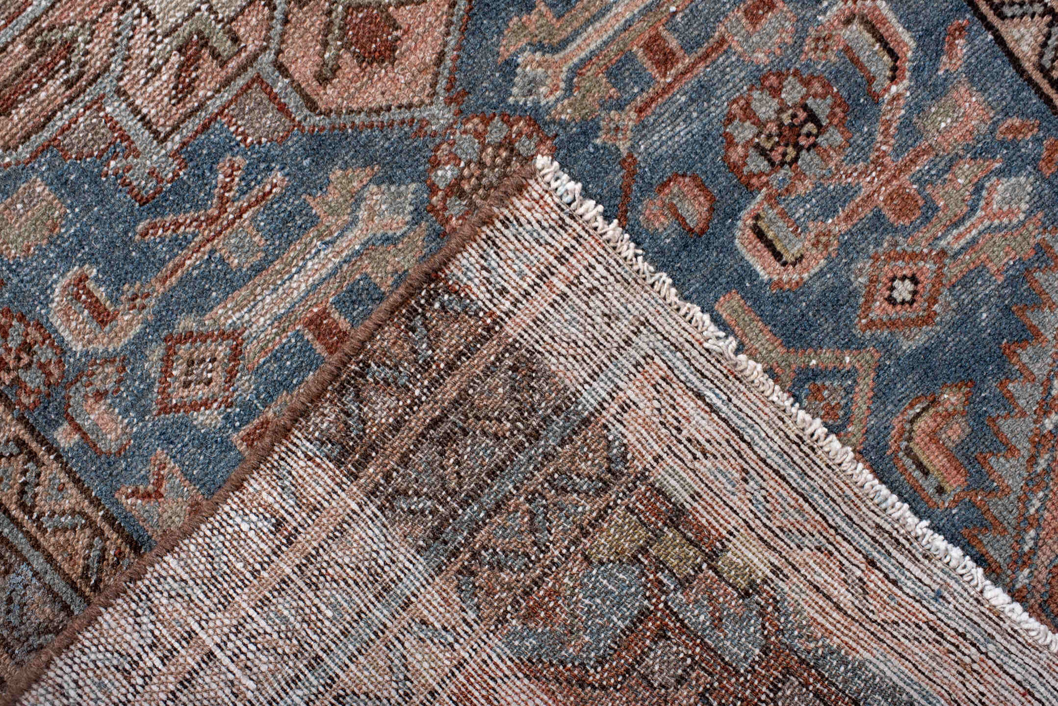 2' x 9' one-of-a-kind handmade antique Hamadan runner rug. Color palette: blue, rust, ivory, brown, taupe, slate, terracotta