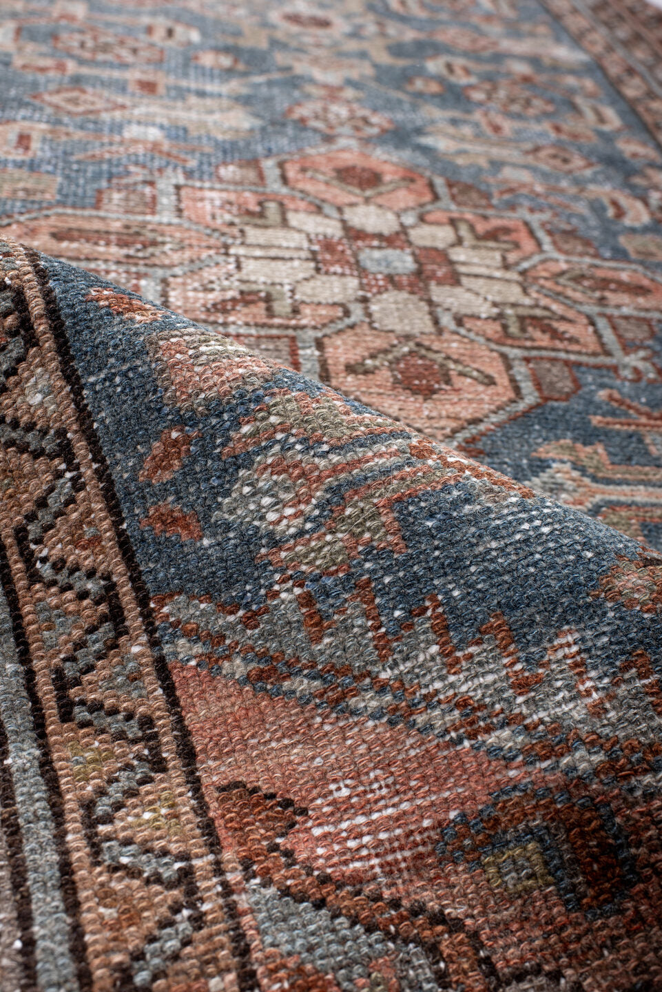 2' x 9' one-of-a-kind handmade antique Hamadan runner rug. Color palette: blue, rust, ivory, brown, taupe, slate, terracotta