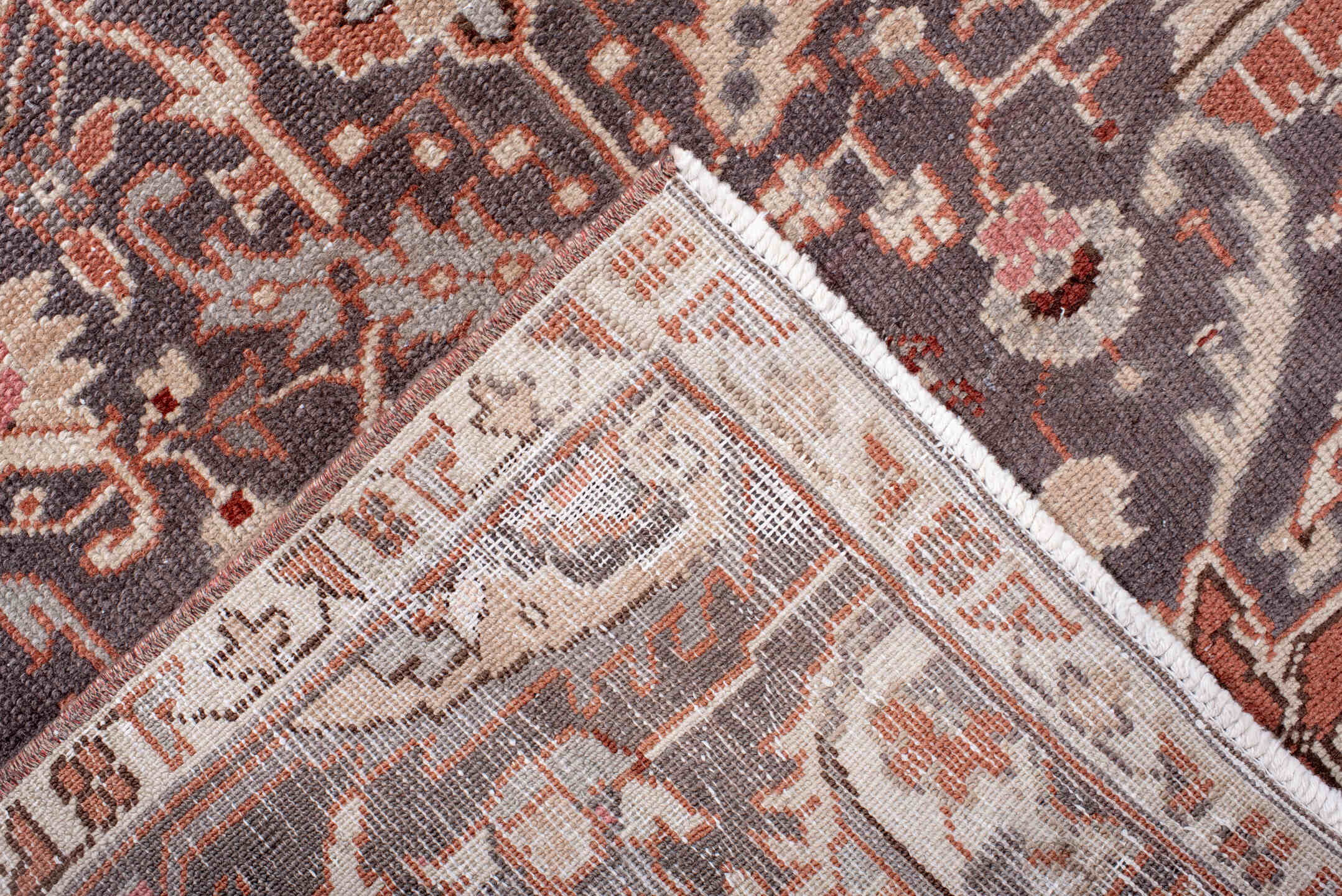 3' x 7' one-of-a-kind handmade vintage Sivas runner rug. Color palette: brown, gray, light gray, misty rose, off-white