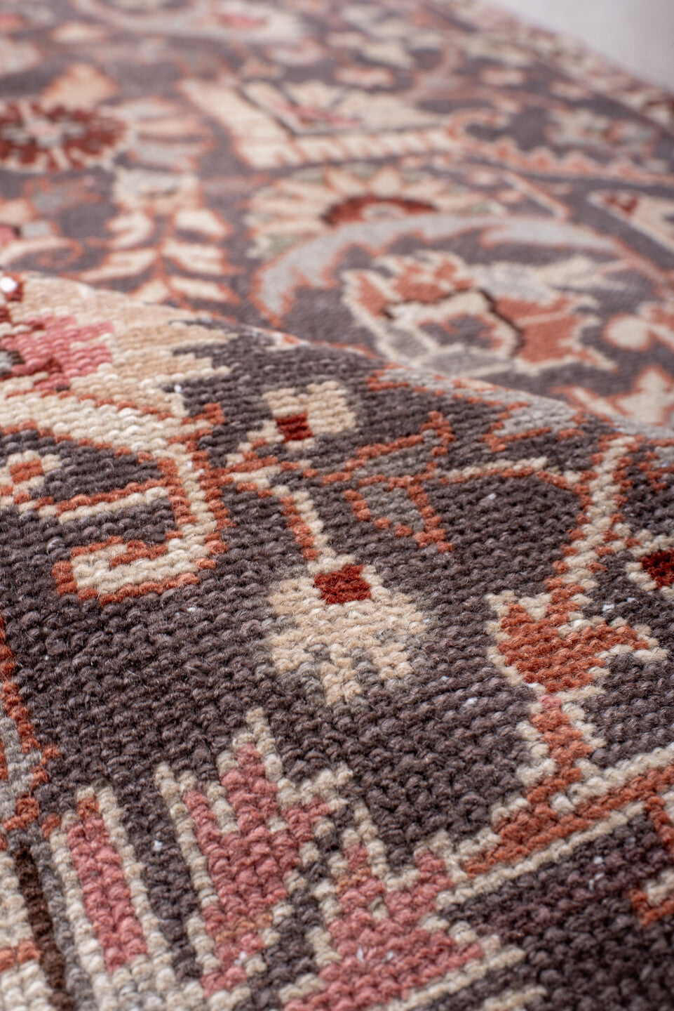 3' x 7' one-of-a-kind handmade antique Sivas runner rug. Color palette: charcoal, ivory, rose, rust, taupe, slate, burgundy