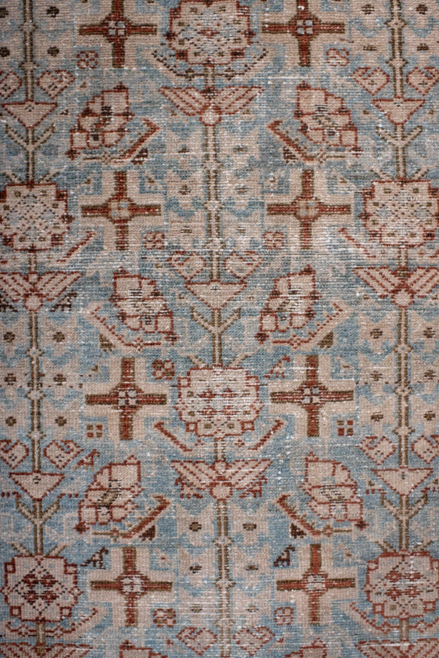 3' x 13' one-of-a-kind handmade antique Hamadan runner rug. Color palette: sky blue, ivory, rust, brown, taupe, camel