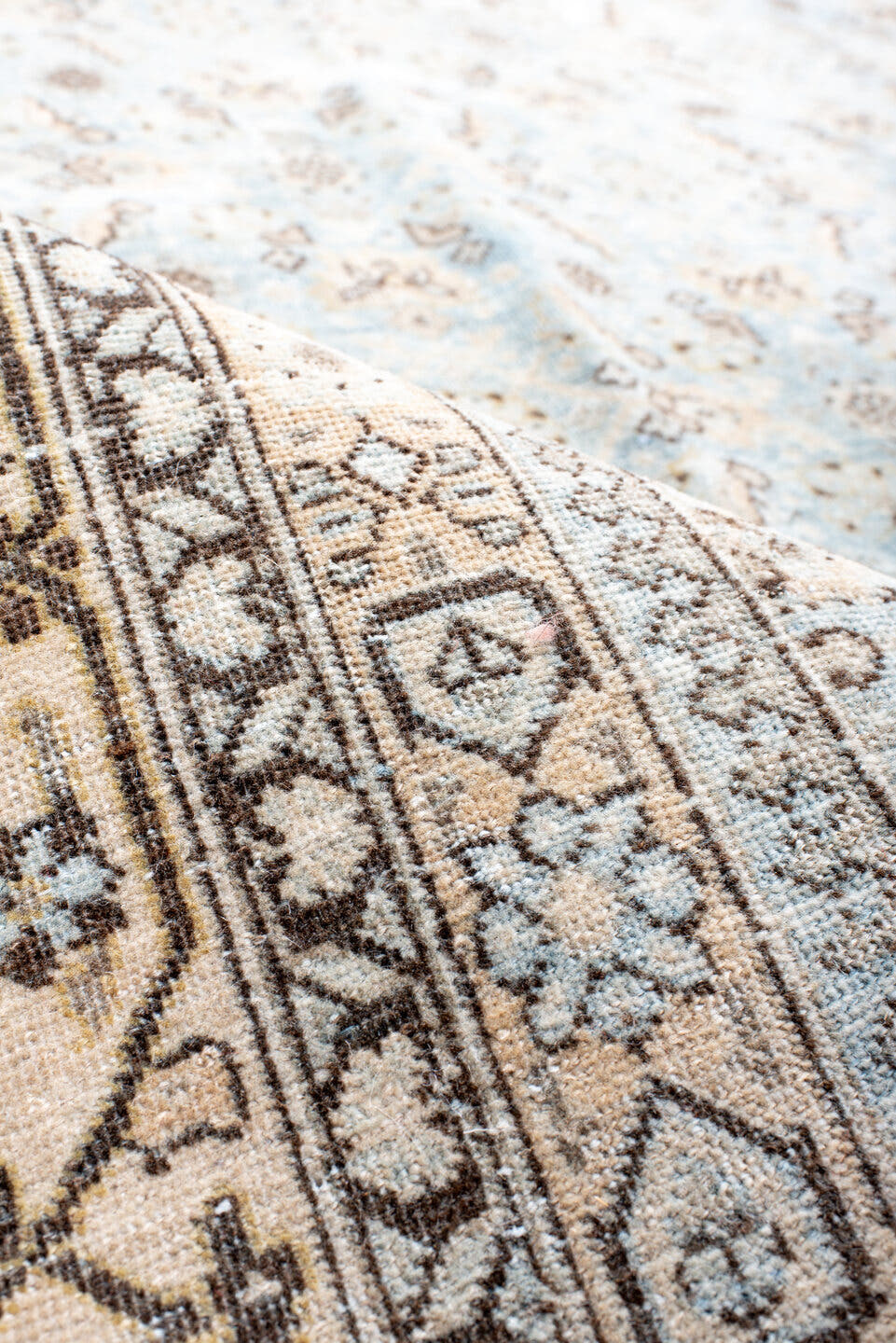 10' x 14' one-of-a-kind handmade antique Tabriz large size rug. Color palette: light blue, ivory, taupe, brown, beige, camel