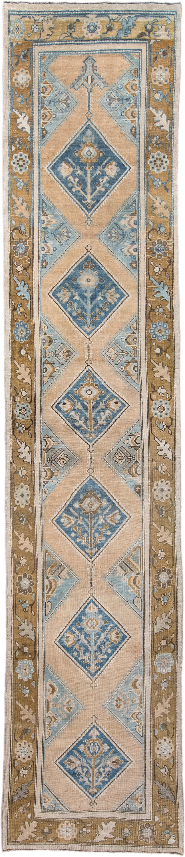3' x 15' one-of-a-kind handmade antique NW Persian runner rug. Color palette: ivory, sky blue, camel, taupe, slate, cream