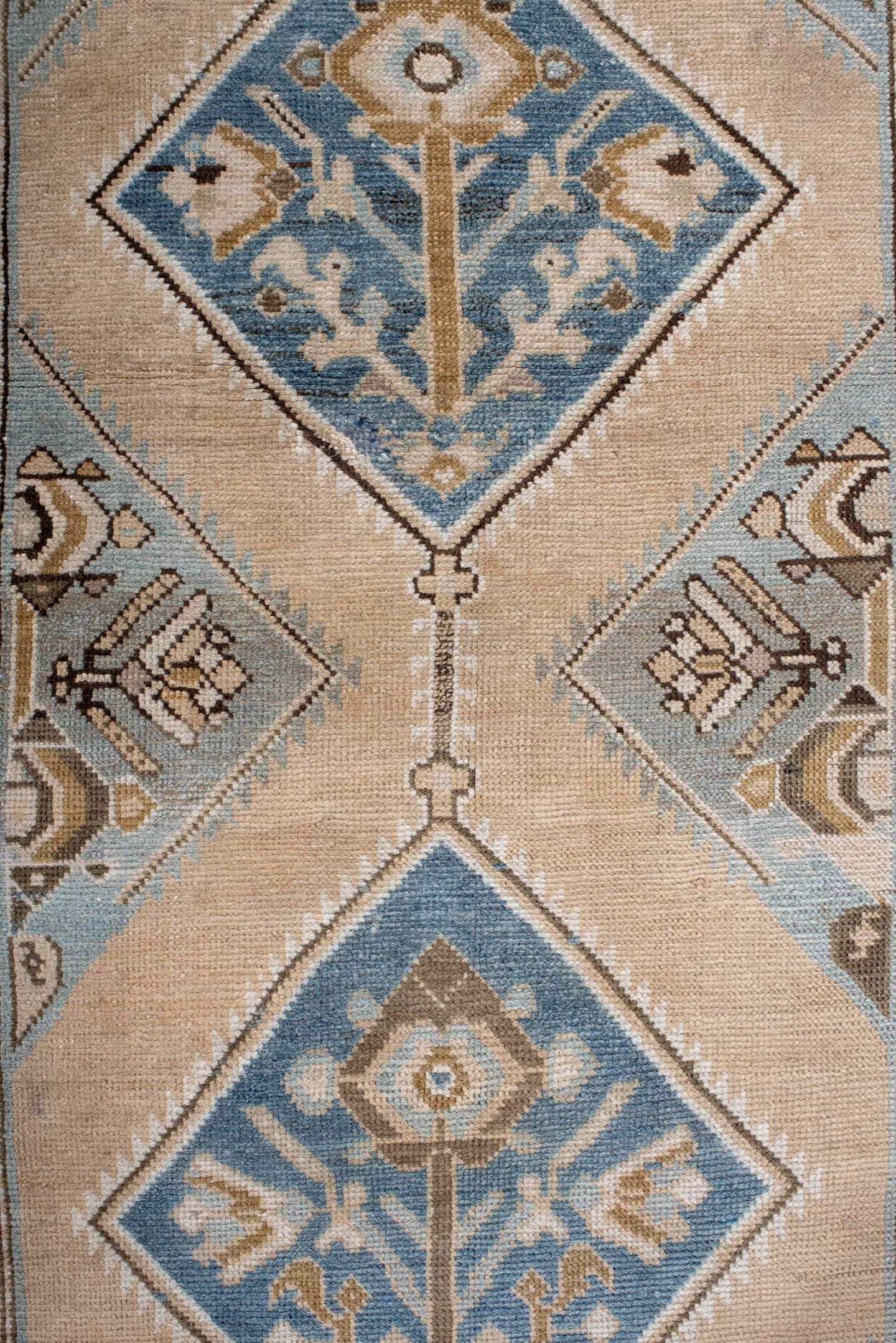 3' x 15' one-of-a-kind handmade antique NW Persian runner rug. Color palette: ivory, sky blue, camel, taupe, slate, cream