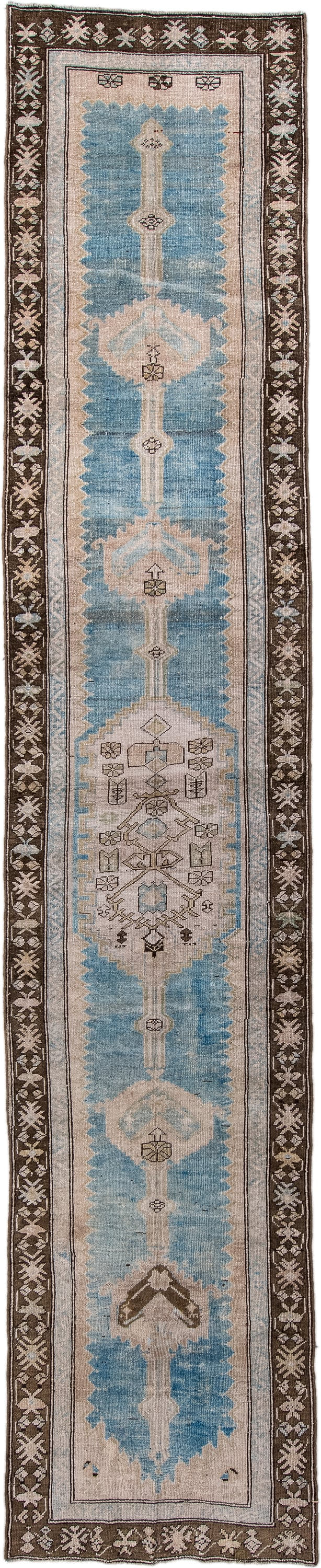 2' x 14' one-of-a-kind handmade antique NW Persian runner rug. Color palette: sky blue, ivory, brown, taupe, slate, camel