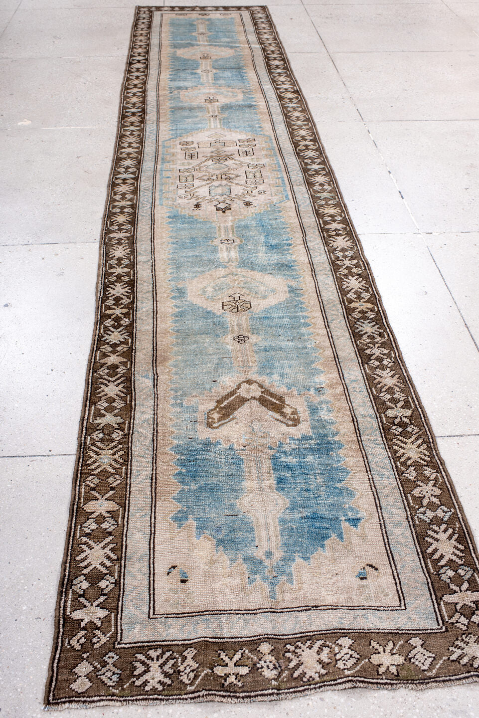 2' x 14' one-of-a-kind handmade vintage NW Persian runner rug. Color palette: black, blue, brown, gray, light blue