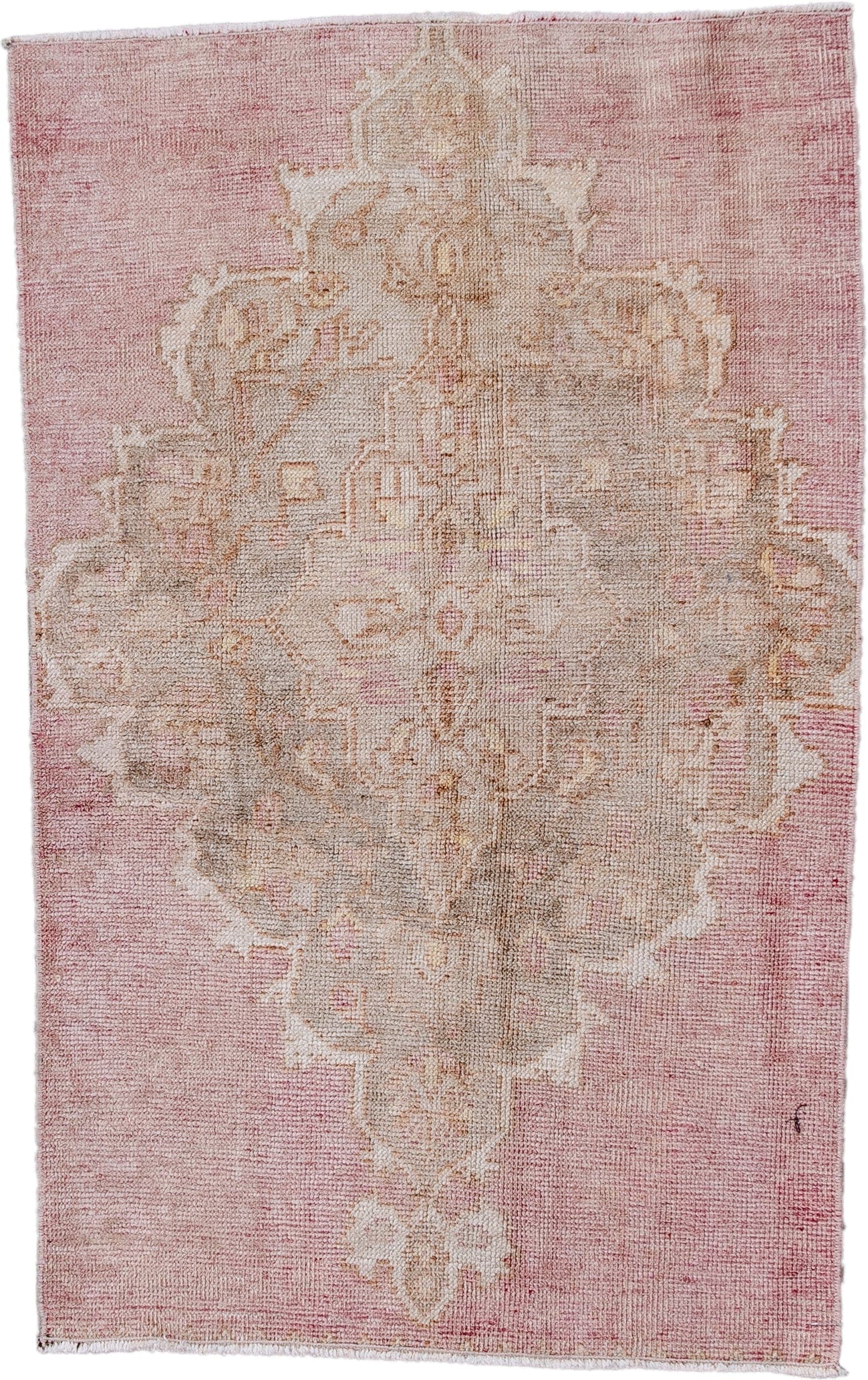 2' x 3' one-of-a-kind handmade antique Oushak small size rug. Color palette: rose, ivory, blush, taupe, beige, pink, red