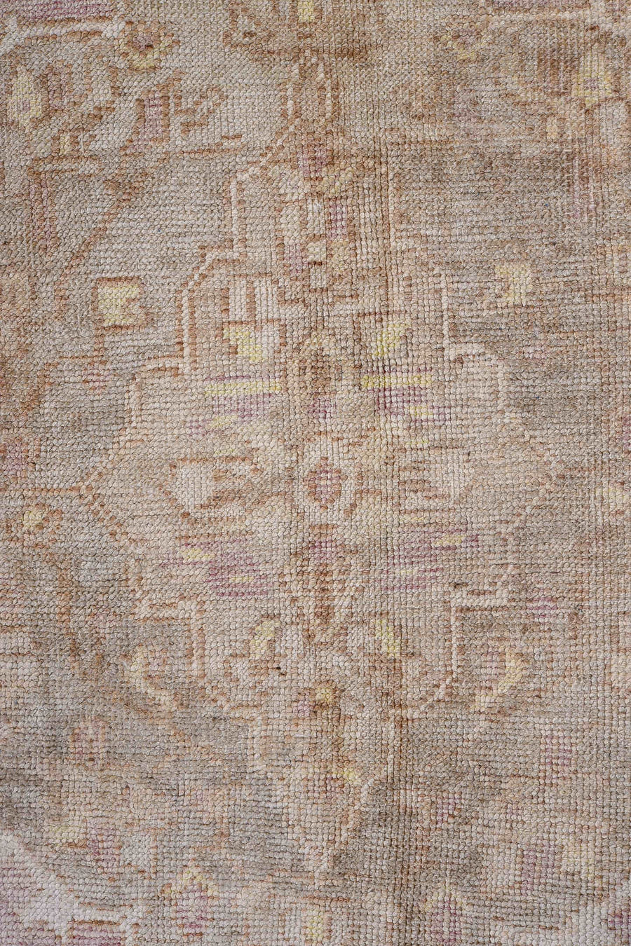 2' x 3' one-of-a-kind handmade antique Oushak small size rug. Color palette: rose, ivory, blush, taupe, beige, pink, red