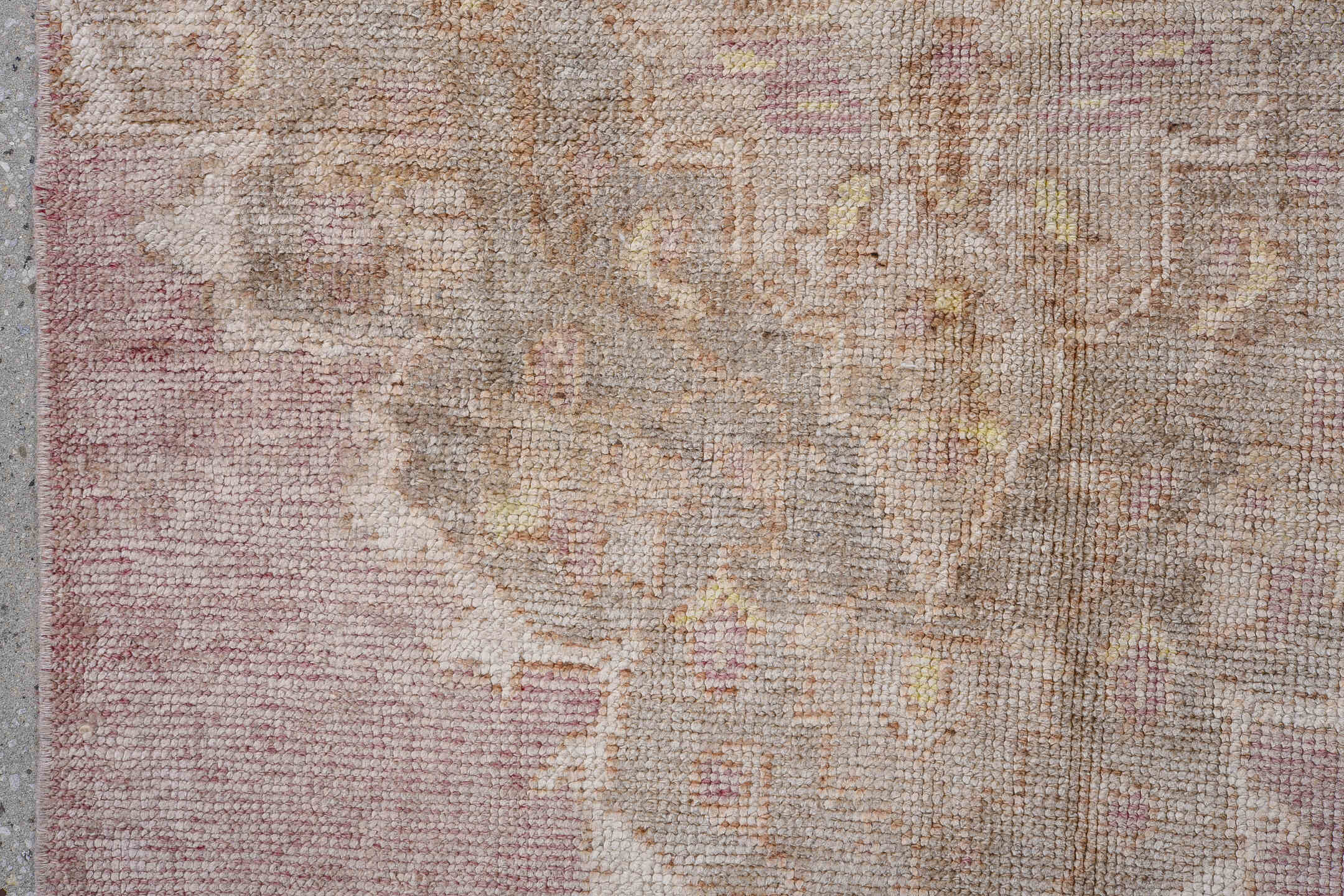 2' x 3' one-of-a-kind handmade antique Oushak small size rug. Color palette: rose, ivory, blush, taupe, beige, pink, red
