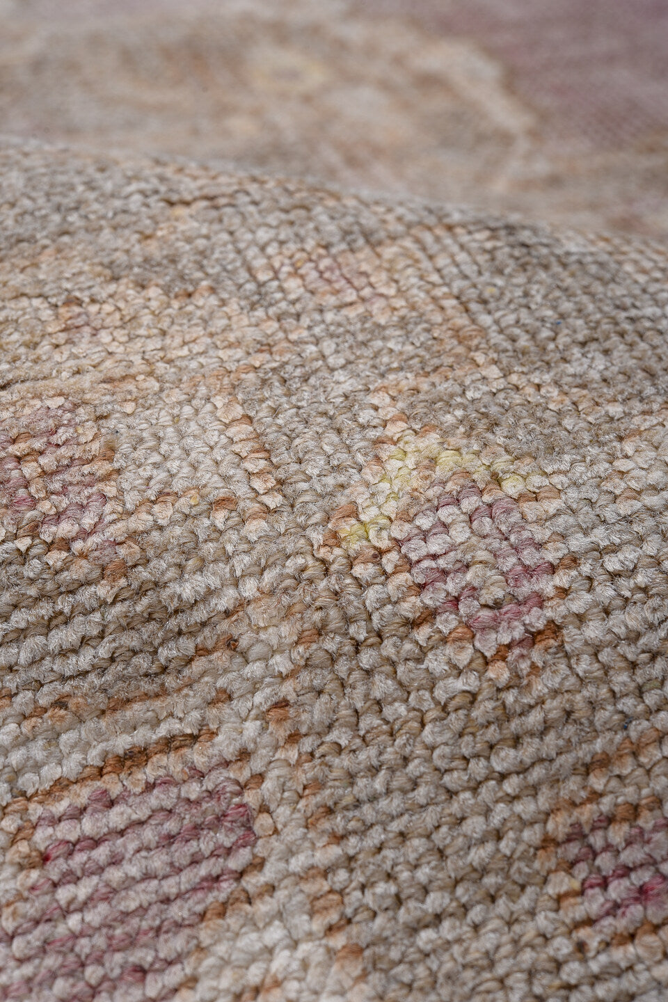 2' x 3' one-of-a-kind handmade antique Oushak small size rug. Color palette: rose, ivory, blush, taupe, beige, pink, red
