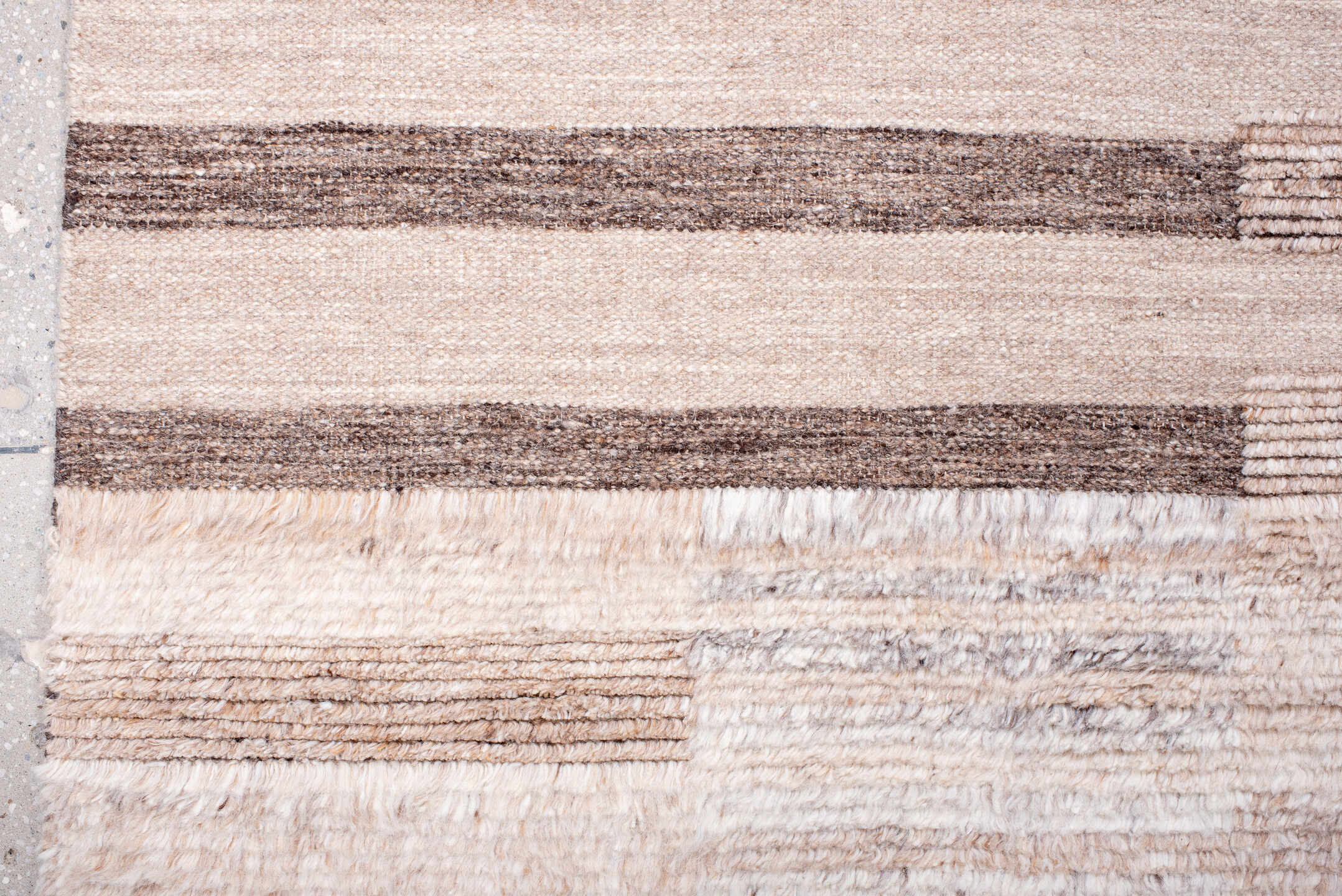 9' x 12' one-of-a-kind handmade vintage Shag large size rug. Color palette: ivory, taupe, camel, charcoal, cream, beige