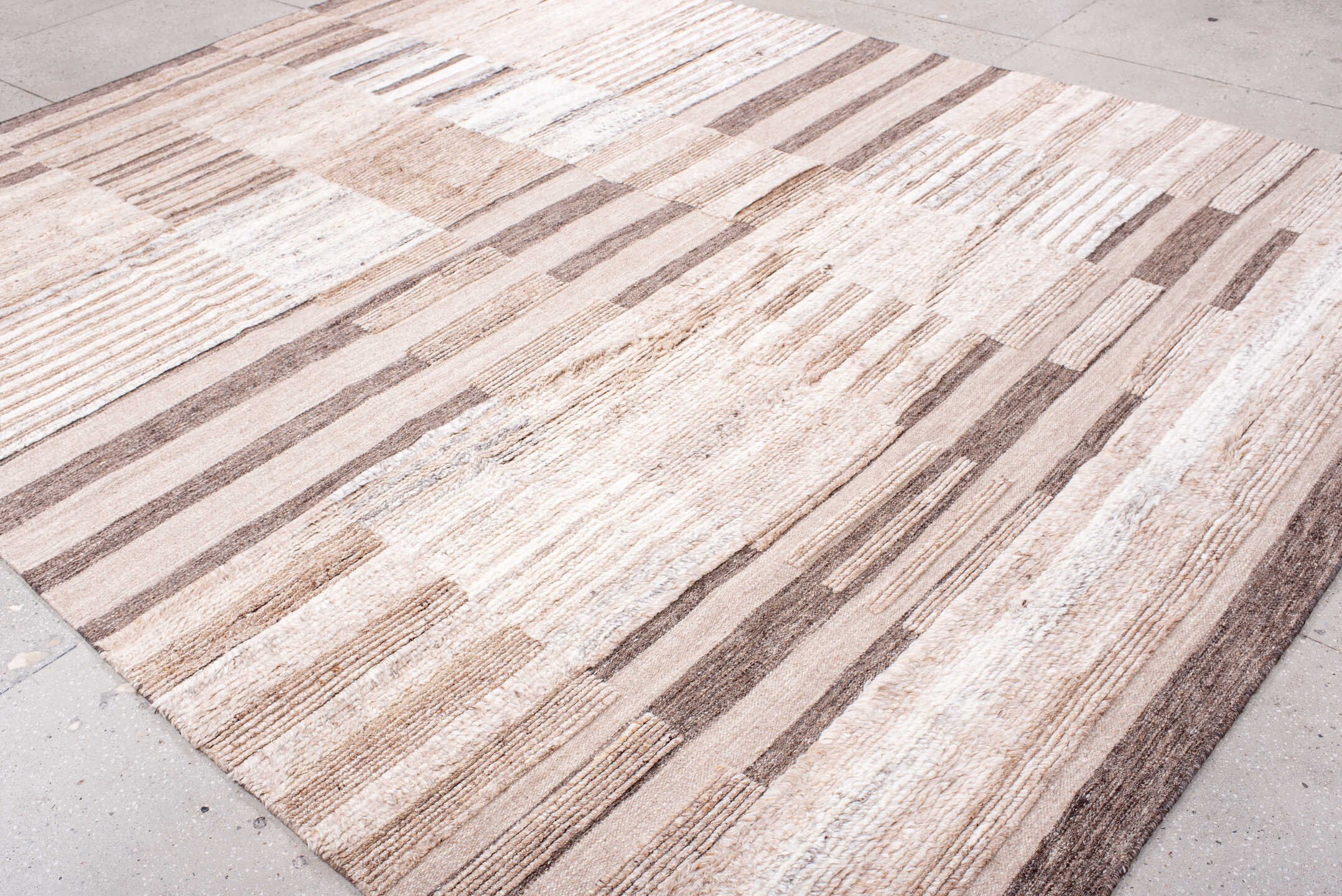 9' x 12' one-of-a-kind handmade vintage Shag large size rug. Color palette: ivory, taupe, camel, charcoal, cream, beige