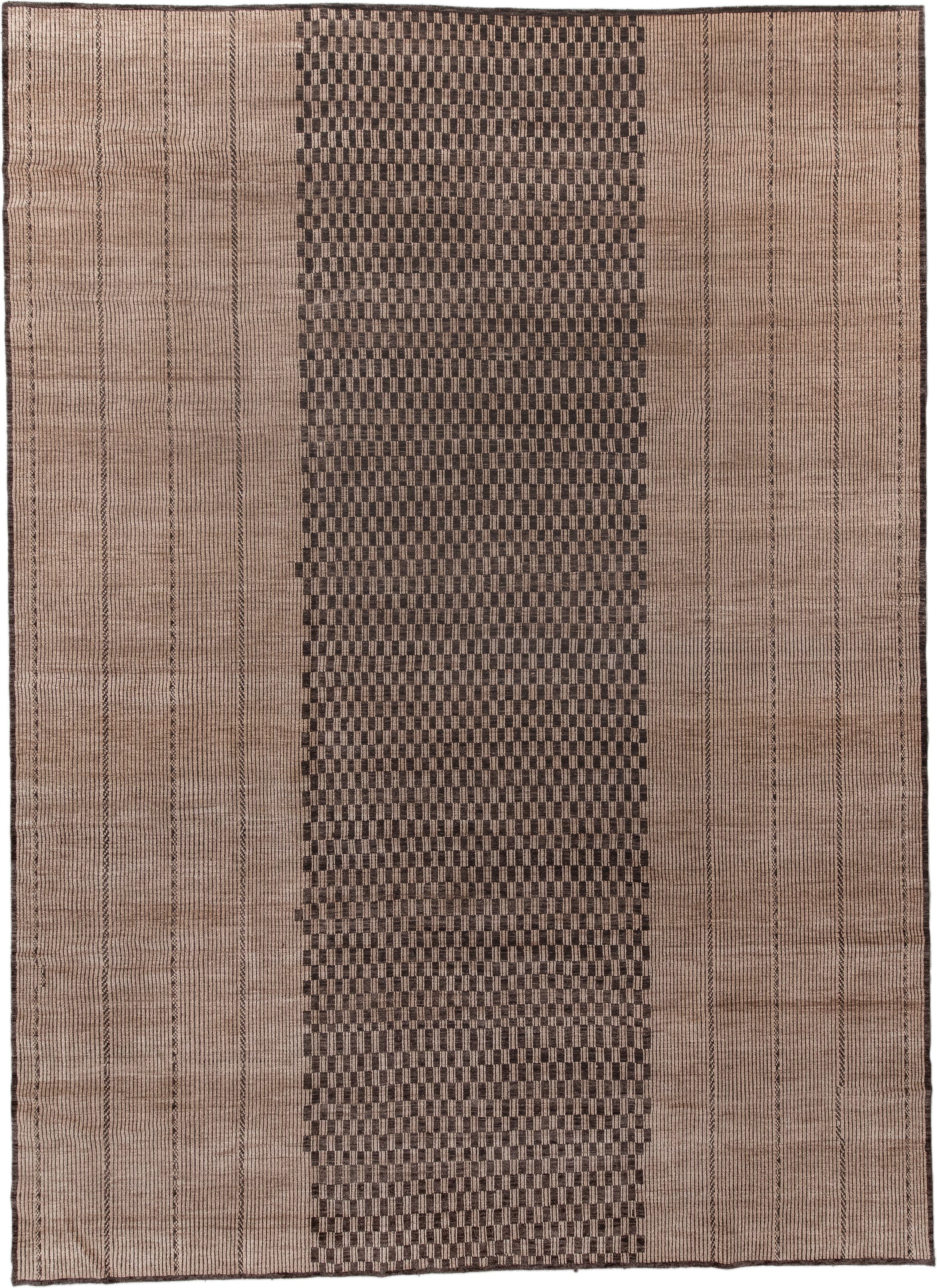 13' x 18' one-of-a-kind handmade vintage Tuareg oversize rug. Color palette: camel, brown, taupe, charcoal, beige, gray