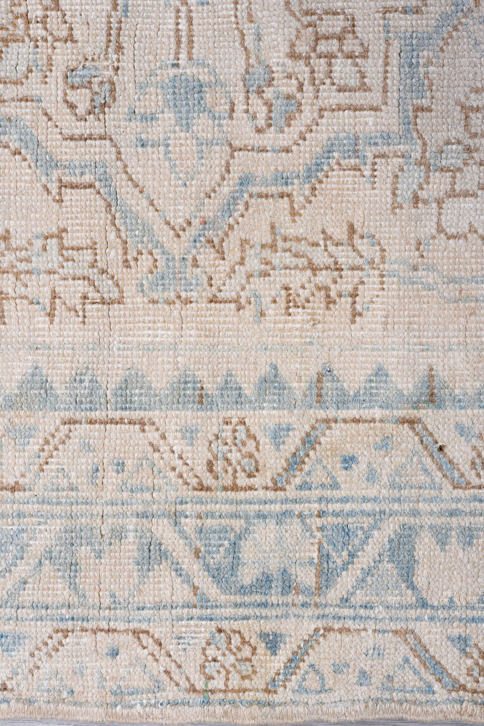 3' x 10' one-of-a-kind handmade antique Heriz runner rug. Color palette: ivory, sky blue, light blue, taupe, beige, gray