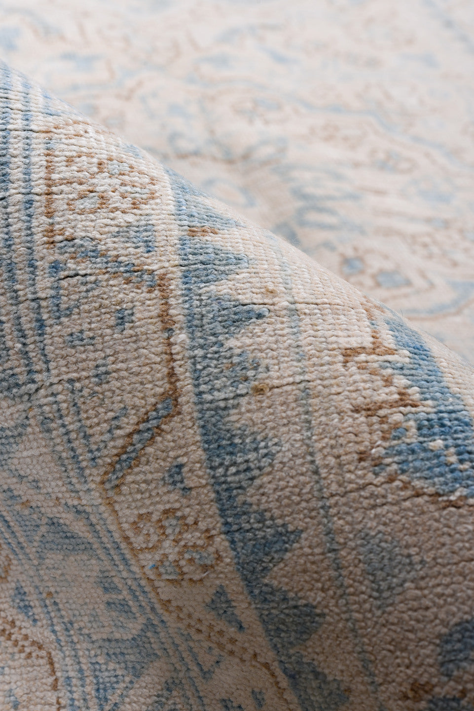 3' x 10' one-of-a-kind handmade antique Heriz runner rug. Color palette: ivory, sky blue, light blue, taupe, beige, gray