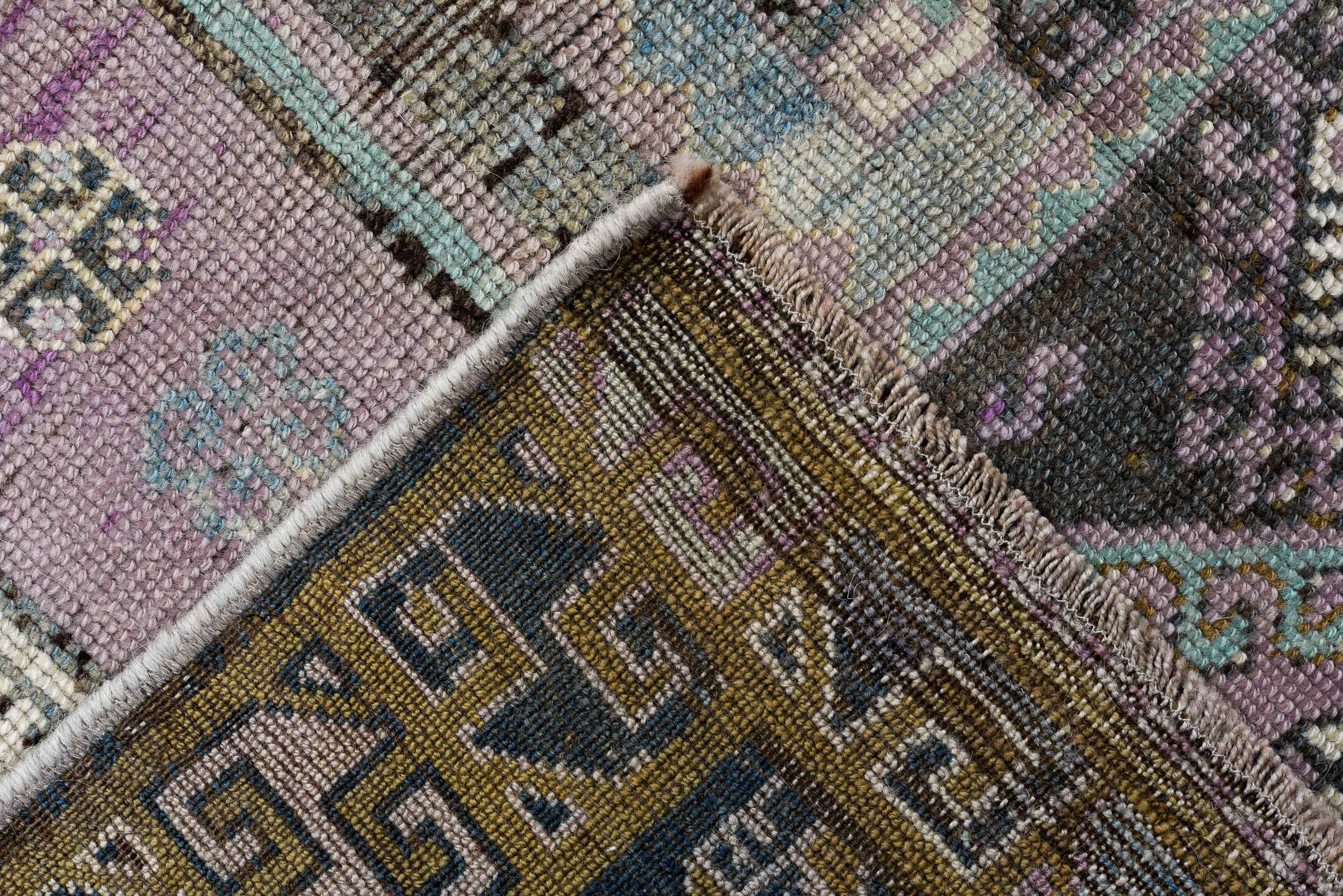 3' x 13' one-of-a-kind handmade antique Oushak runner rug. Color palette: lavender, gold, sky blue, ivory, charcoal, taupe