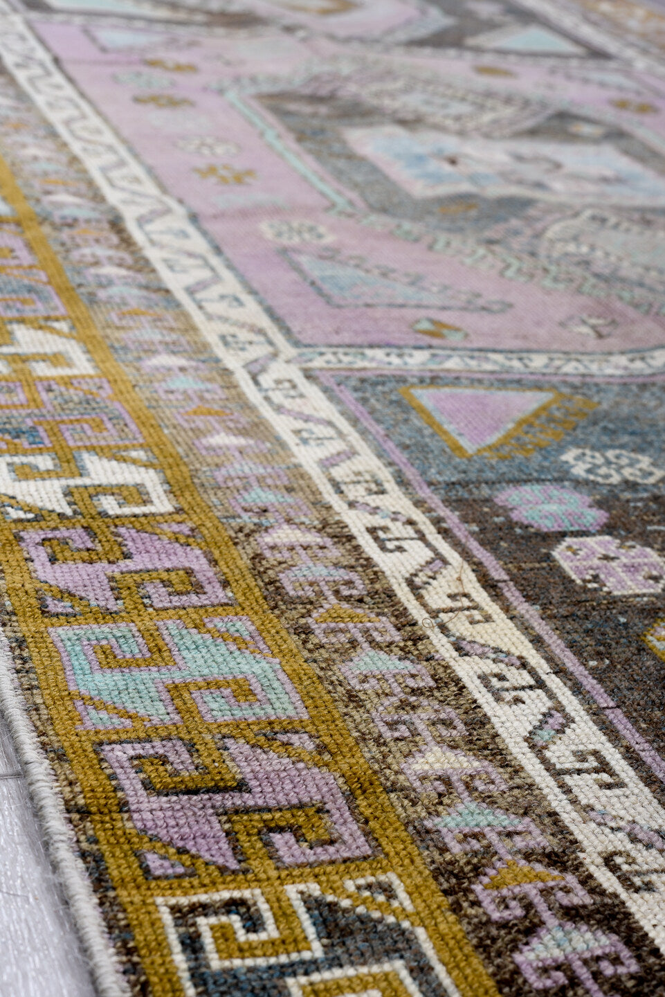 3' x 13' one-of-a-kind handmade antique Oushak runner rug. Color palette: lavender, gold, sky blue, ivory, charcoal, taupe