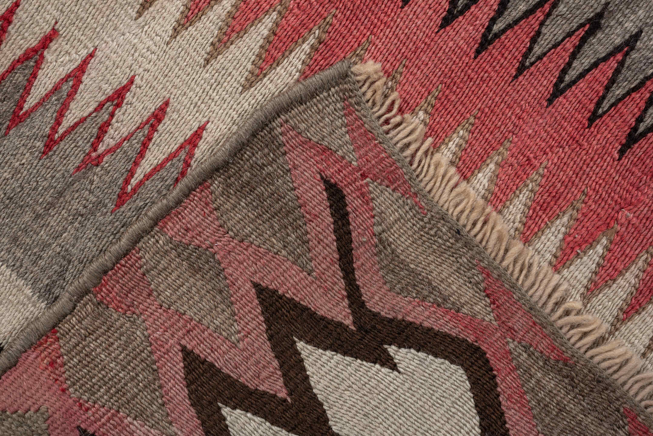 4' x 7' one-of-a-kind handmade vintage Navajo rug. Color palette: ivory, rust, taupe, charcoal, black, camel, terracotta