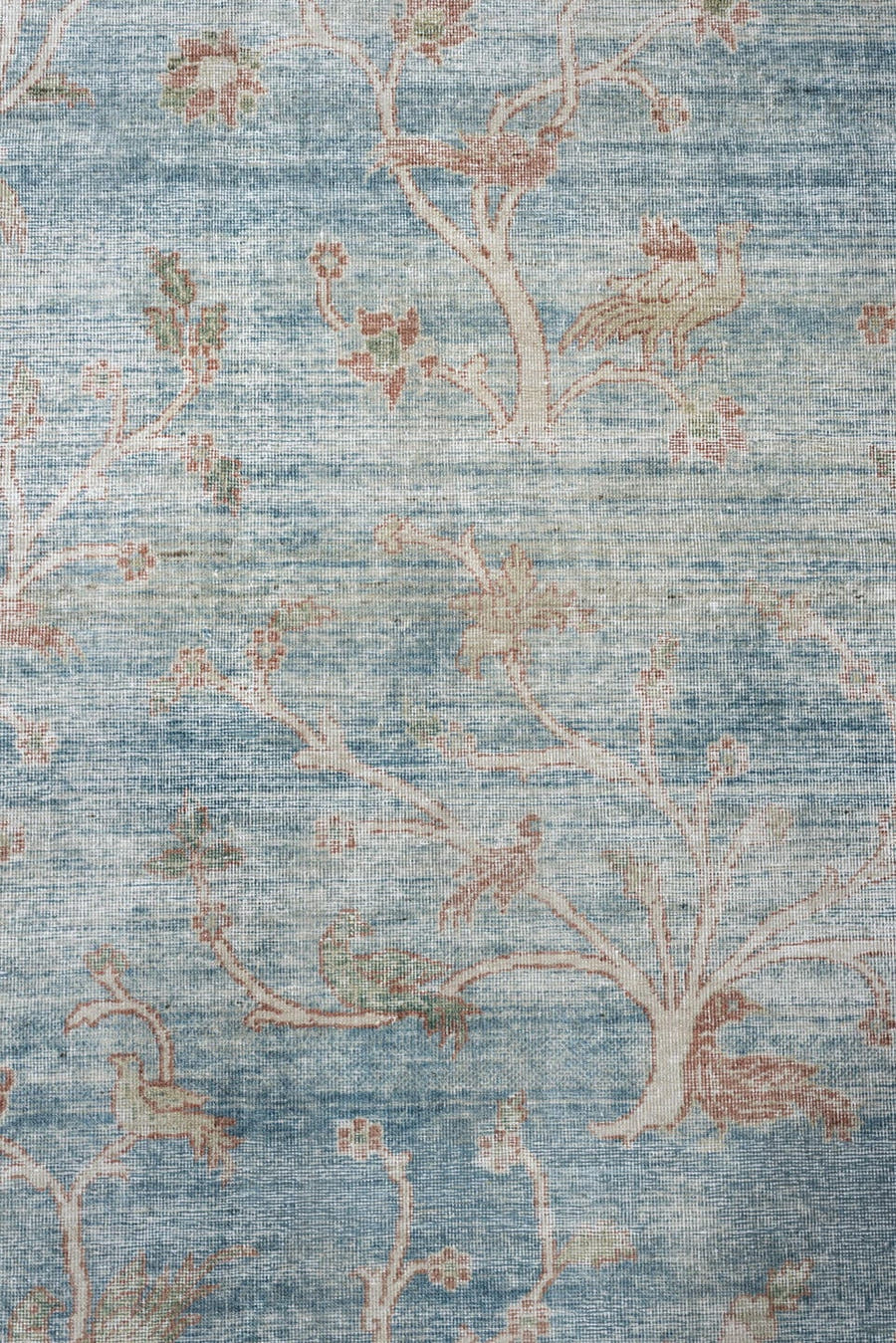 15' x 17' one-of-a-kind handmade antique Laristan oversize rug. Color palette: pale blue, ivory, blush, sage, taupe