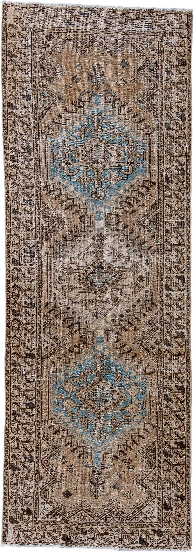 3' x 11' one-of-a-kind handmade antique Heriz runner rug. Color palette: camel, ivory, sky blue, taupe, charcoal, brown