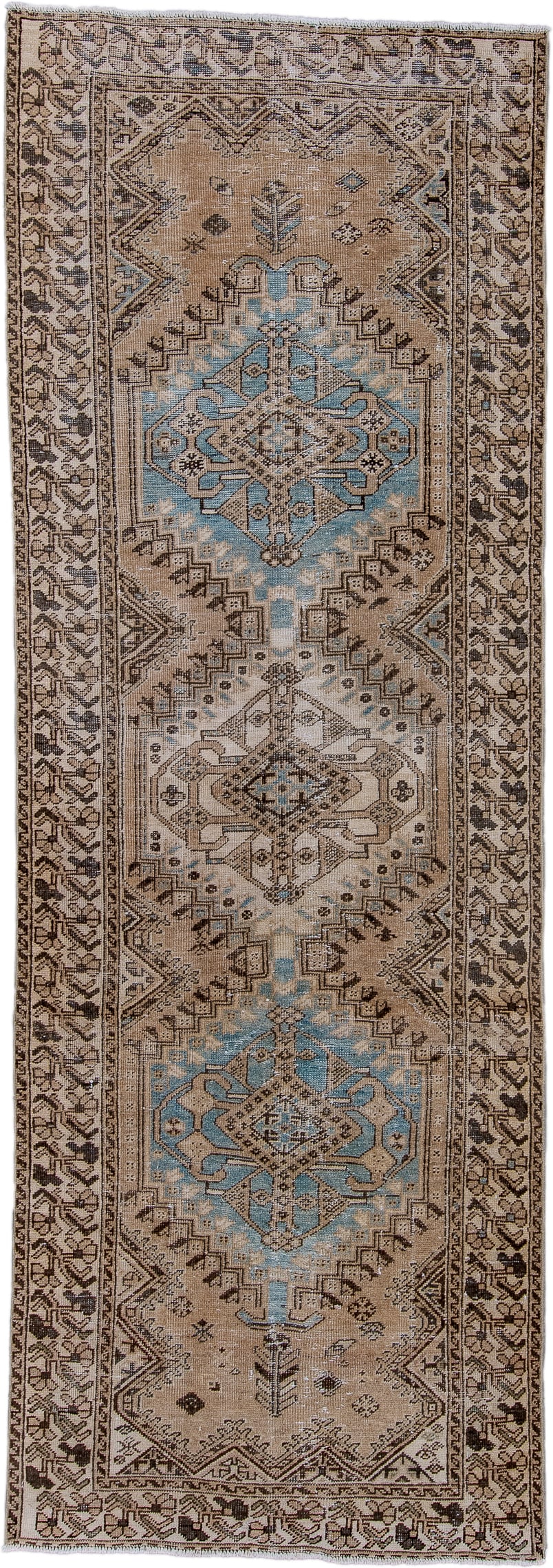 3' x 11' one-of-a-kind handmade antique Heriz runner rug. Color palette: camel, ivory, sky blue, taupe, charcoal, brown