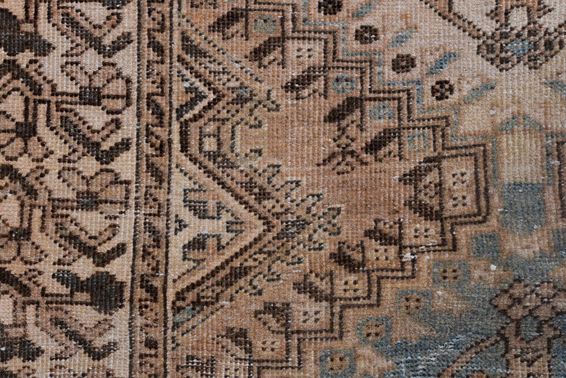3' x 11' one-of-a-kind handmade antique Heriz runner rug. Color palette: camel, ivory, sky blue, taupe, charcoal, brown