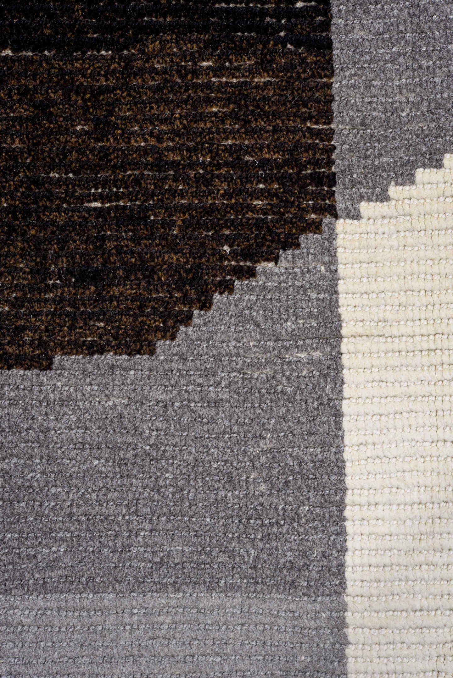 10' x 14' one-of-a-kind handmade vintage Tulu large size rug. Color palette: charcoal, black, ivory, gray