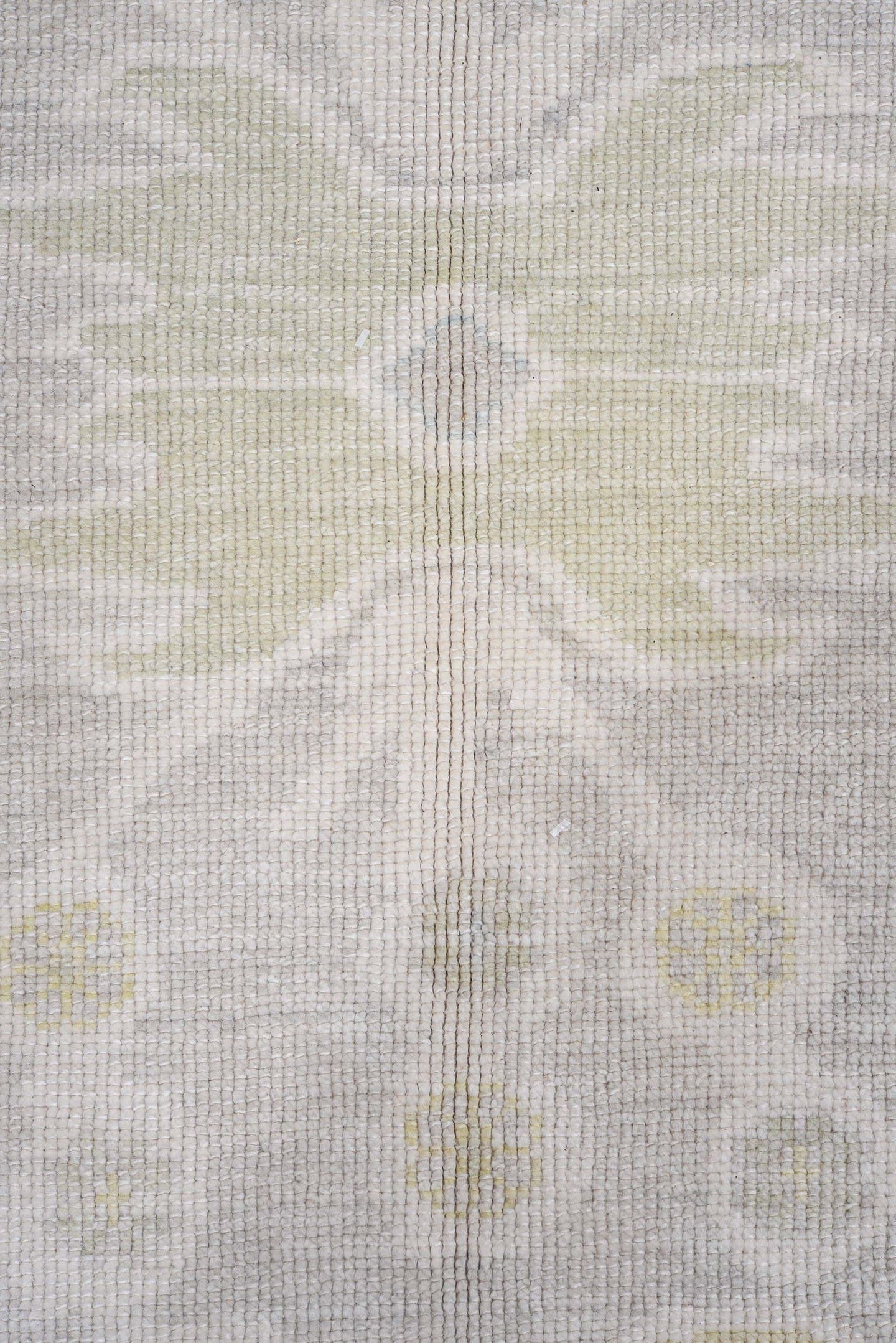 9' x 12' one-of-a-kind handmade vintage Oushak large size rug. Color palette: taupe, ivory, pale blue, soft gold, beige