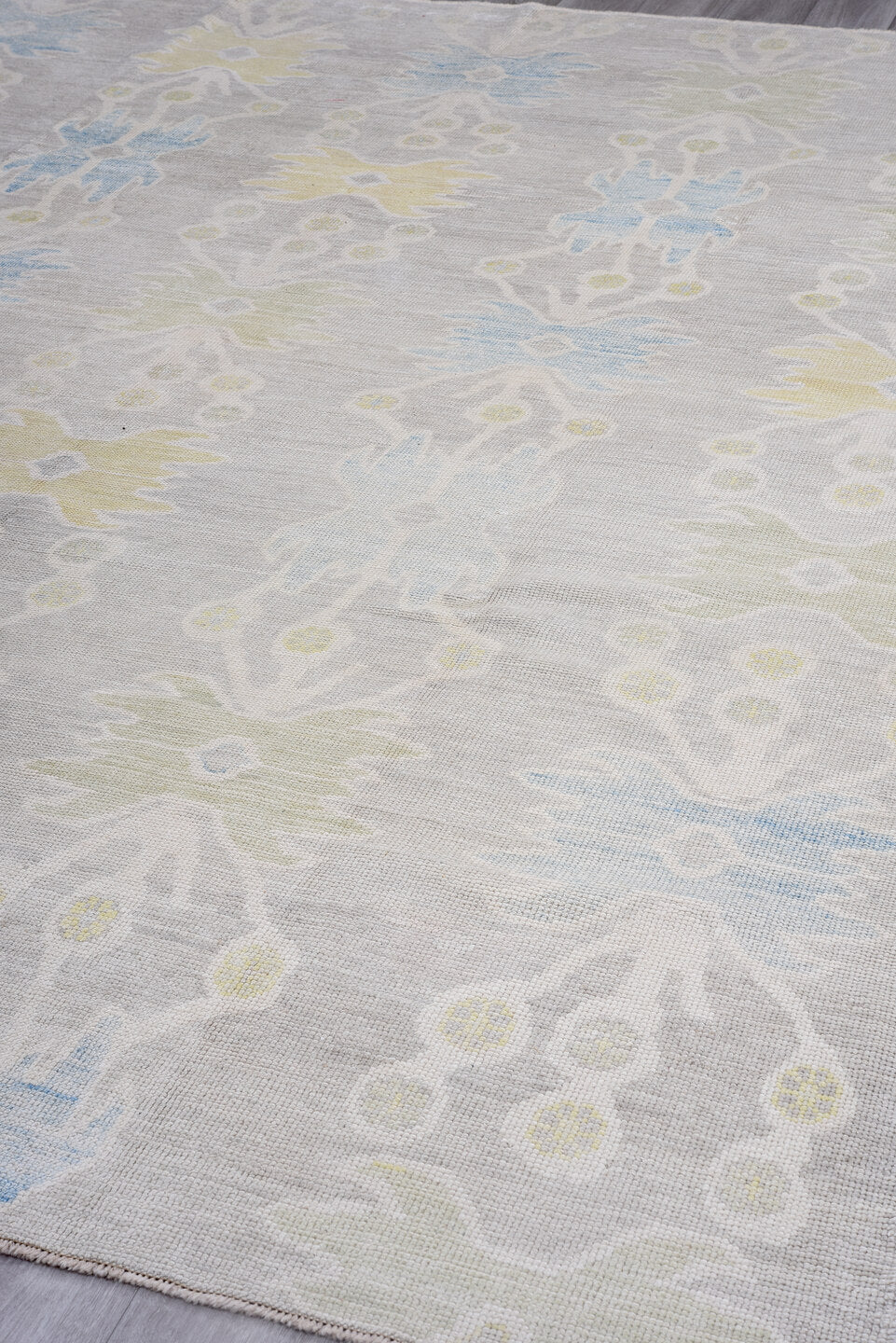 9' x 12' one-of-a-kind handmade vintage Oushak large size rug. Color palette: taupe, ivory, pale blue, soft gold, beige
