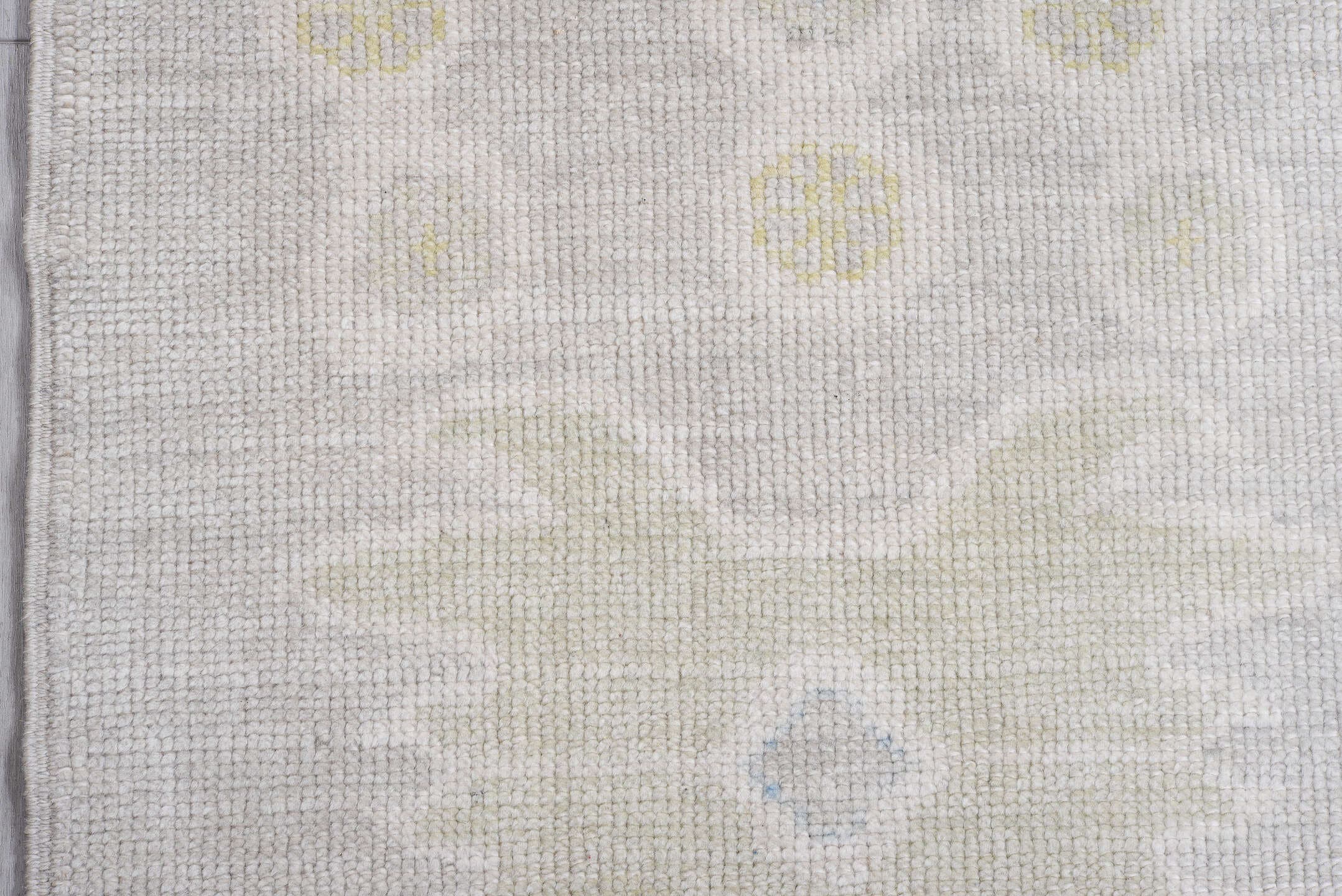 9' x 12' one-of-a-kind handmade vintage Oushak large size rug. Color palette: taupe, ivory, pale blue, soft gold, beige