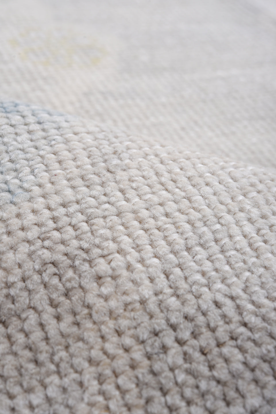 9' x 12' one-of-a-kind handmade vintage Oushak large size rug. Color palette: taupe, ivory, pale blue, soft gold, beige